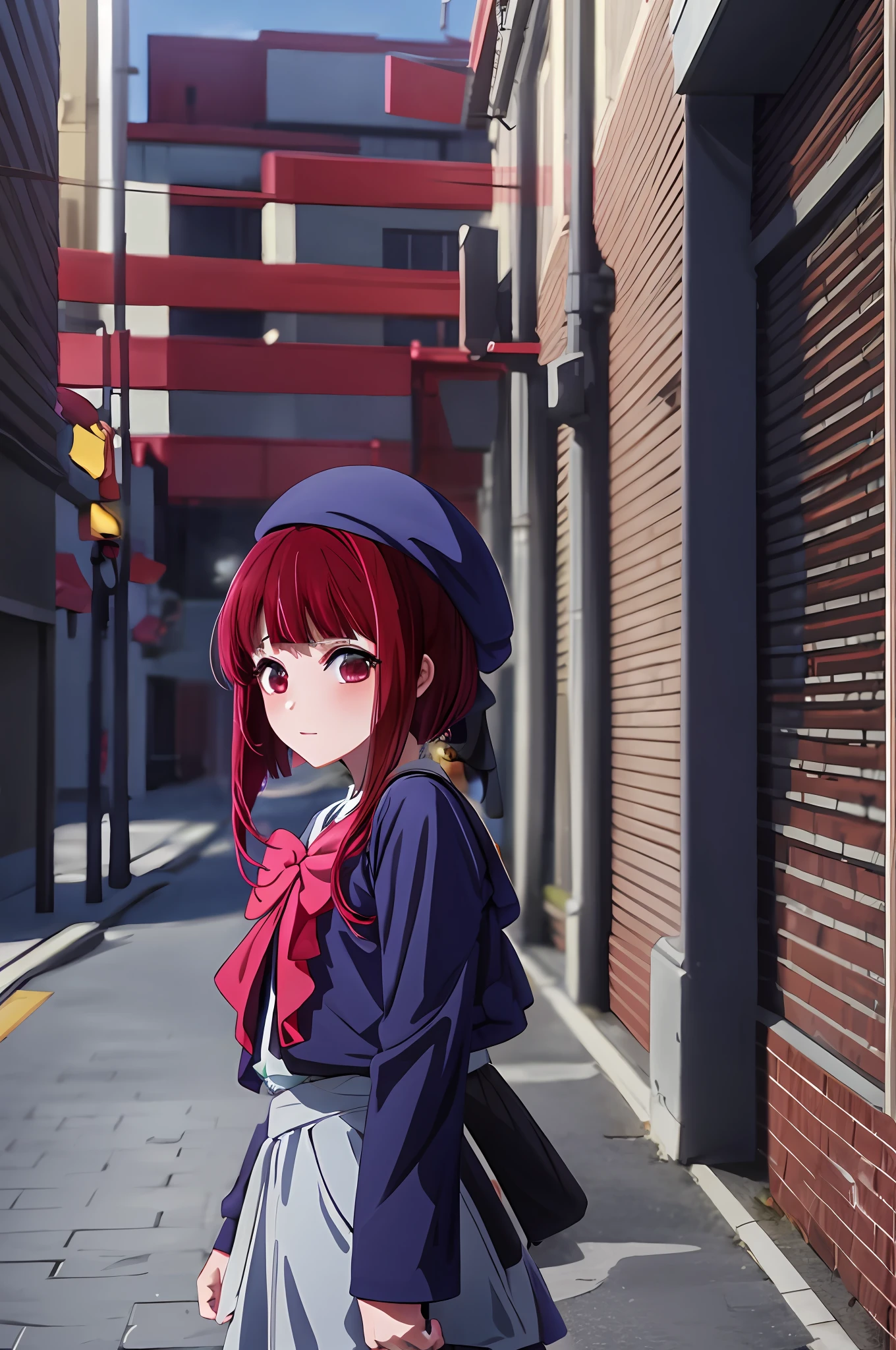 anime girl with red hair and a blue hat standing in front of a building, close up iwakura lain, iwakura lain, anime moe artstyle, anime visual of a cute girl, portrait anime girl, an anime girl, portrait of an anime girl, young anime girl, cute anime girl, anime style 4 k, smooth anime cg art