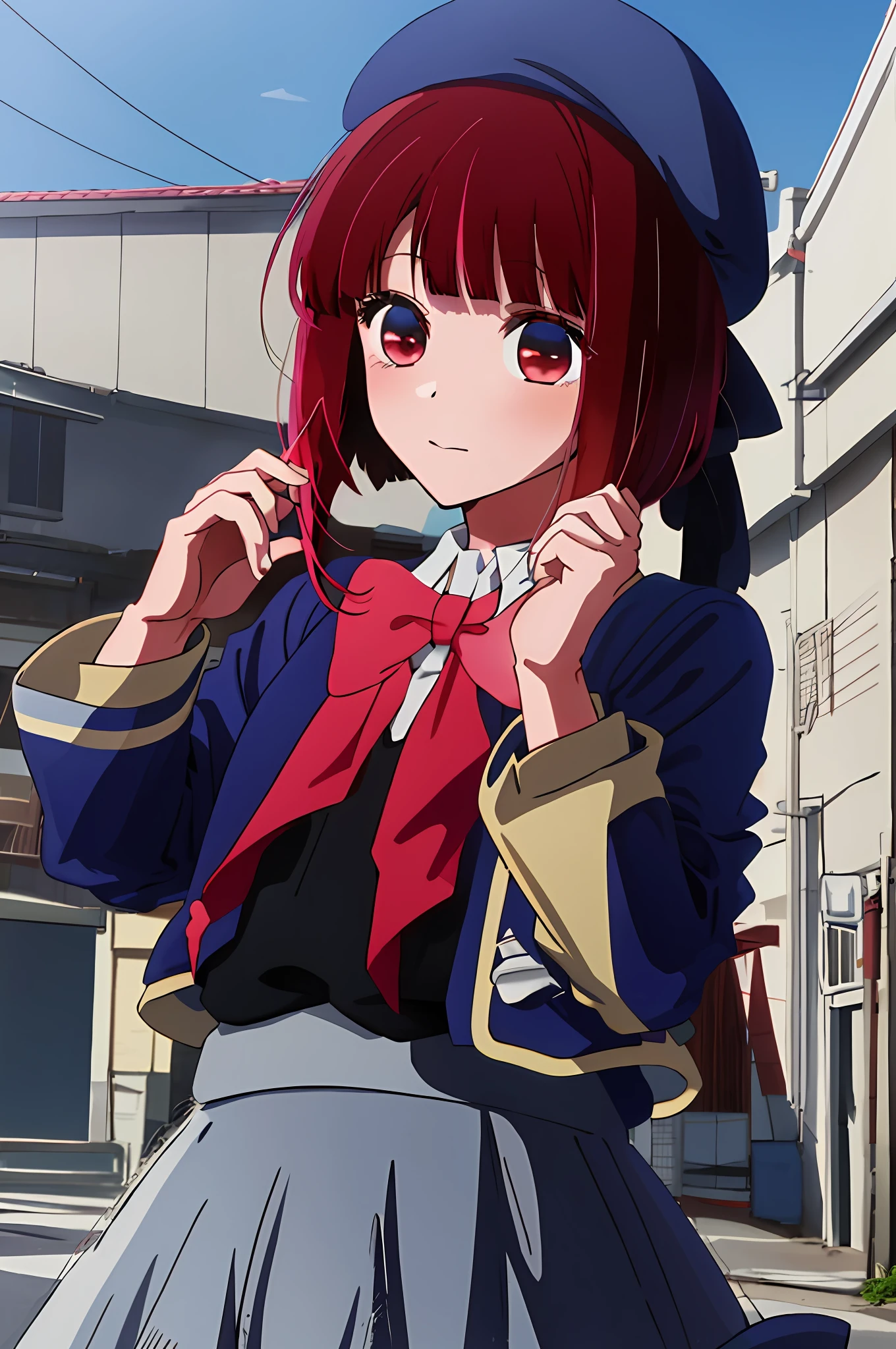 anime girl with red hair and a blue hat standing in front of a building, close up iwakura lain, iwakura lain, anime moe artstyle, anime visual of a cute girl, portrait anime girl, an anime girl, portrait of an anime girl, young anime girl, cute anime girl, anime style 4 k, smooth anime cg art