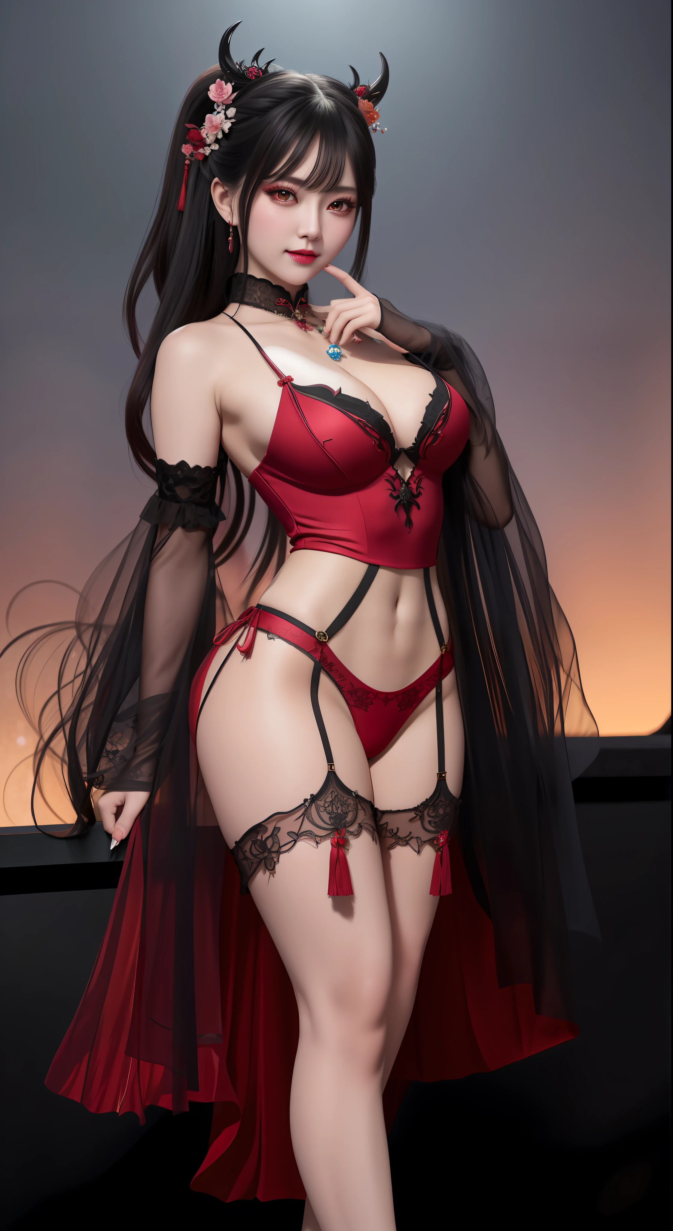 best quality, masterpiece, highres, 1girl, hanfu, white and even teeth, red irises, chinese underwear, hair ornaments, necklace, jewelry, crown jewelry. Pretty face, full body, magic import style, tyndall effect, photo realistic, dark studio, border light, two tone light, (high detail skin: 1.2), 8k uhd, dslr , soft light, high quality, volumetric light, candid, Photo , high resolution, 4k, 8k, Bokeh, (light pink lips), 1 beautiful demon from hell, In the Dark: 1.6), surreal full body of women by David Hockney and Alphonse Mucha, fantasy art, photorealism, dynamic lighting, station art, posters, volumetric lighting, highly detailed faces , super 8k, Awarded, in the dark, deep shadow, low light, cowboy lens, (Red phoenix shirt: 1.4), long hair, black hair, bust, luxury palace, Royal style family, devil's crown, red eyes with very sharp and detailed makeup, Best face, Very round and tight breasts, Surreal, chinese women's clothing, turtleneck polo lace top, charming smile, Beautiful eye makeup, guweiz, devil style, black lace stockings, mesh stockings with hooks on underwear, ponytail with a bow at the back, dark red lips, Devil tattoo on shoulder, wearing a nightgown thin lace deep slit chest red black, overcast and thunderous landscape, (full body), Close-up of main character, (Background detail 1.8), lace socks worn at the waist, moderately big butt,