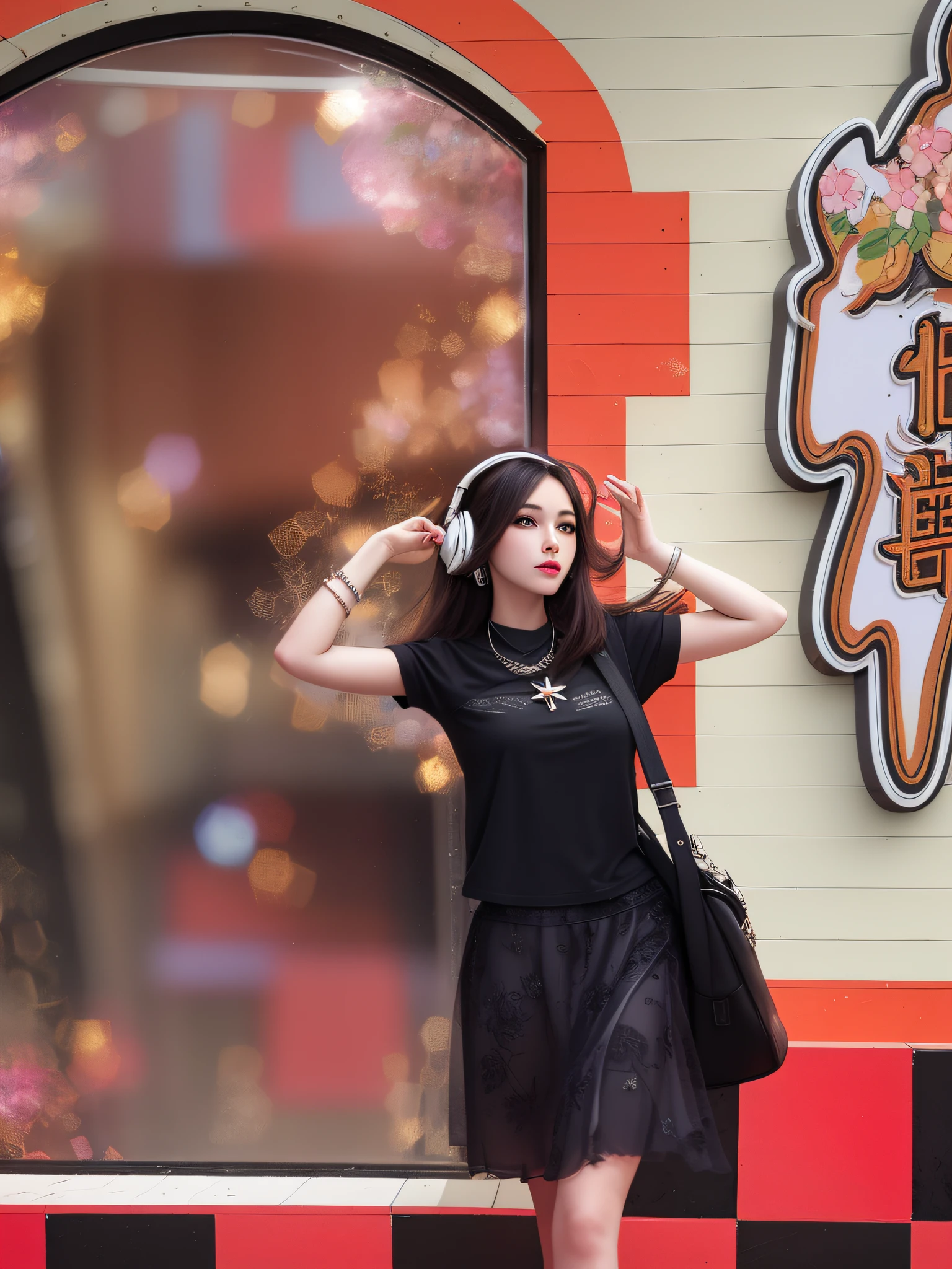 Best Quality, Masterpiece, High Resolution, 1 Girl, Porcelain Skirt, Over-Ear Headphones, Hair Accessories, Necklace, Jewelry, Beautiful Face, Physics, Tyndall Effect, Realism, Dark Studio, Edge Lighting, Two-tone Lighting, (High Detail Skin: 1.2), 8k UHD, DSLR, Soft Light, High Quality, Volumetric Light, Photo, High Resolution, 4K, 8K, Bokeh, Hand Drawn, Illustration, Quadratic
