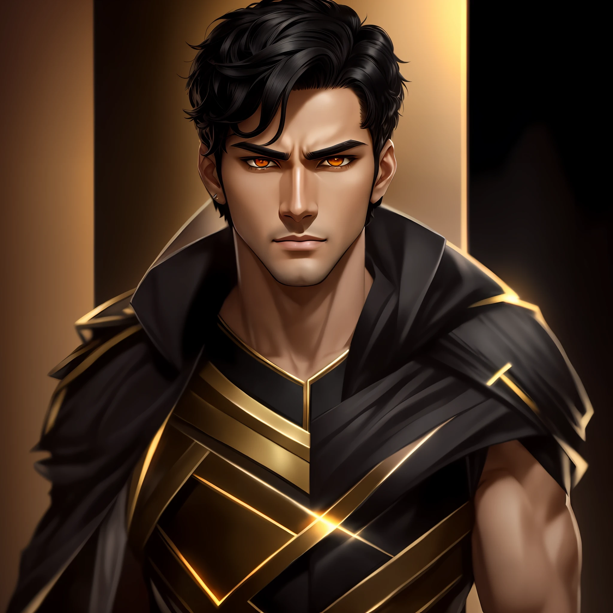Handsome, tall, light-skinned man, dark golden eyes, short black hair, symmetrical face, peach-colored lips, with a piercing gaze, a man who will help the protagonist of the light novel seek revenge --auto --s2