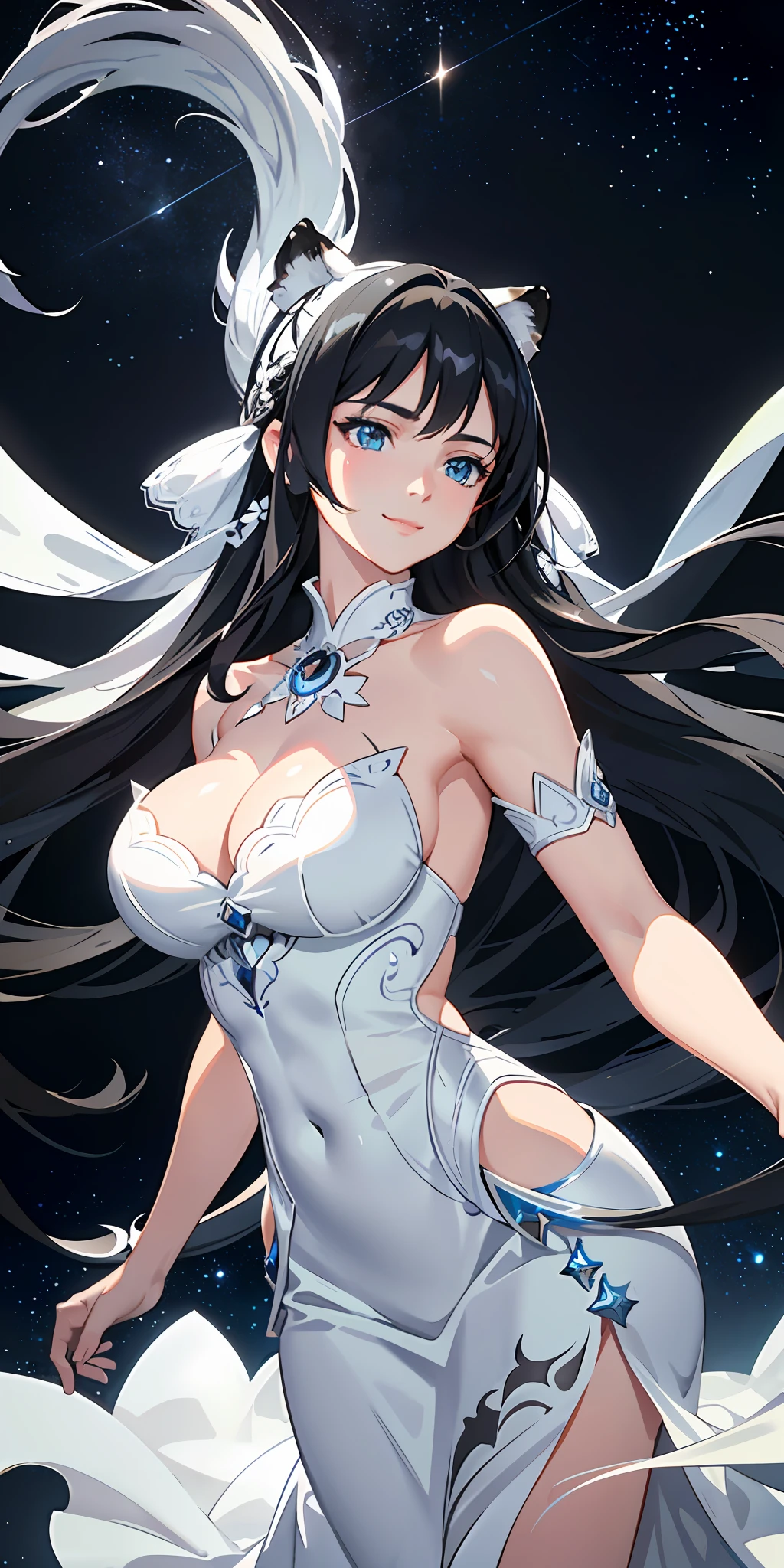 delicate and beautiful CG artwork),(best quality, ultra-detailed, high resolution),(dynamic angle, dynamic lighting),(1 character),(long white and black hair), blue eyes, beautiful face), white tiger, big muscles, 1 girl, (long sideburns), clouds, stars, smile