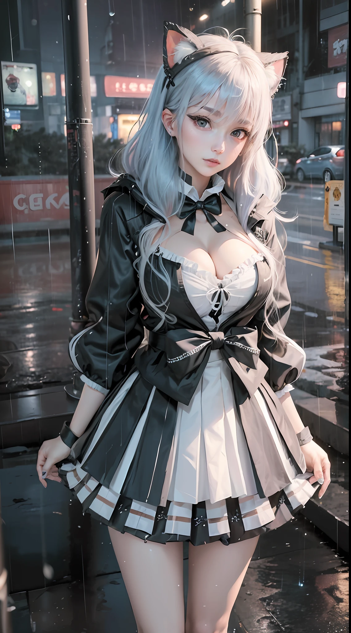 maid cafe, stockings, cat ears, (maid costume:1.2), (raincoat:1.3), bed, sleeping, choker, bowtie, (pleated skirt:1.3), lora:shirtliftALORAFor_shirtliftv1:1.5, lora:breastinclassBetter_v141:.5 , extremely detailed eyes, extremely detailed face, cute, (photorealistic:1.3), sexy lips, seductive smile, double eyelids, eyelashes, pale skin, perky breasts, full body portrait, textured skin, 4K, RAW, best quality, sharp, hyper realistic, tall, (long slim legs:1.2), (thigh gap:1.2), blush, delicate and beautiful girl, 1girl, solo, (stunningly attractive:1.3), (dramatic:1.2),(masterpiece, best quality, ultra detailed, 8k, RAW photo:1.2), (Unreal Engine, photorealistic:1.1), (beautiful detailed face, a photography of a beautiful girl), (cowboy shot:1.2), (looking at the camera:1.1) BREAK (1girl), (full body:1.2), (beautiful hair), (extremely detailed CG unity 8k wallpaper of a girl with kawaii hairstyle and white marble glowing skin and perfect symmetrical pretty face:1.3), (blue hair:1.3), (sad:1.2), soft light, (over 12 years old, under 20 years old:1.2) BREAK ), gigantic breasts from azur_lane, (cleavage:1.2), (sexual pose:1.3) BREAK (on the street:1.3), (see the persons:1.2),(raining:1.3), (looking from behind:1.2), taken by Canon EOS, SIGMA Art Lens 35mm F1.4, ISO 200 Shutter Speed 2000