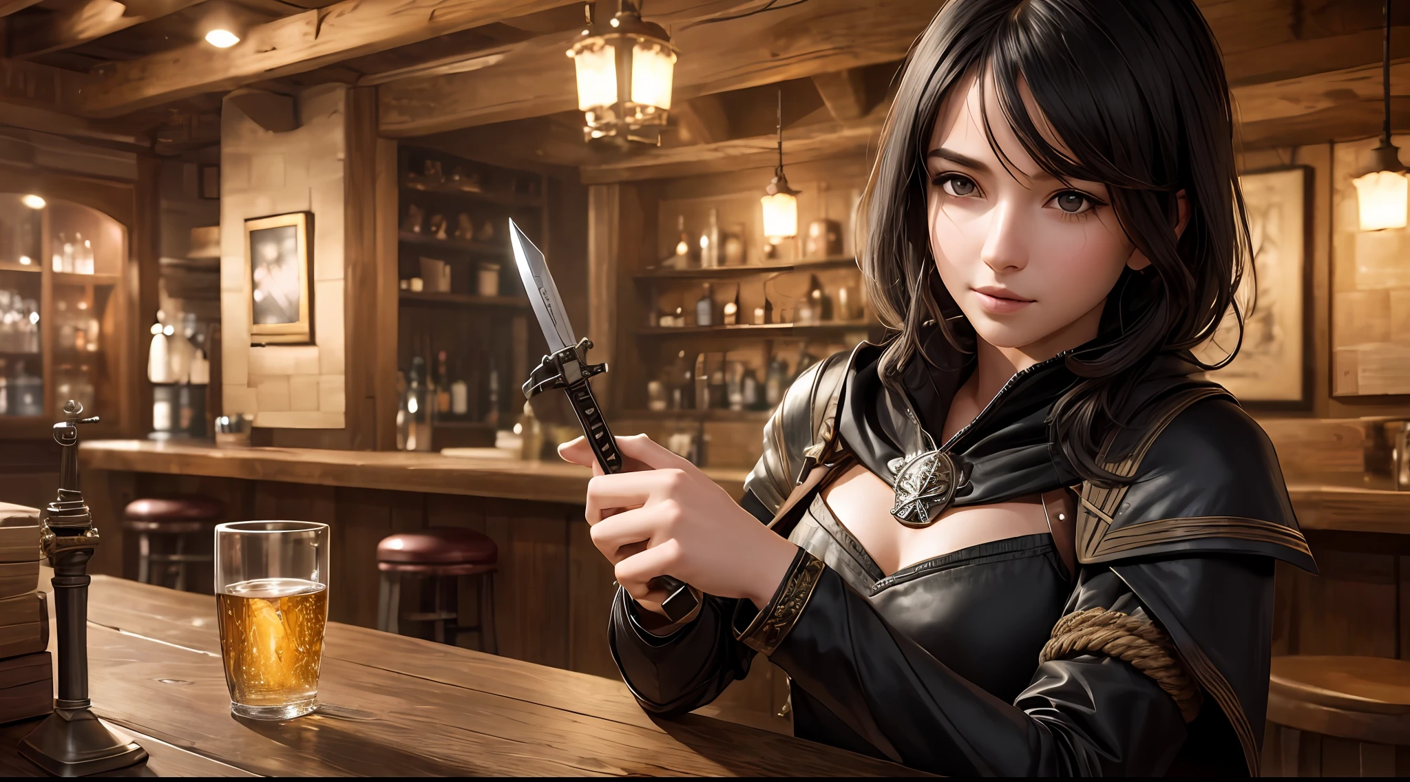 (skindentation:1.5), realistic, photorealistic, (masterpiece:1.5), concept art, intricate details, highly detailed, octane render, 8k, unreal engine, dynamic pose, best quality, highres, ((dramatic)), epic, depth of field, 8k, particles, (realistic face:1.1, hyperrealistic:1.1), ((1girl, close-up, medium breasts, perfect eyes, detailed eyes, high quality eyes, perfect_face, high quality face, shiny skin:1.2, shiny face:1.2, embarrassed, blush:0.8)), server, rustic tavern interior in background, pitcher, sign, jovial fantasy atmosphere, detailed background, blurry wooden bar table as foreground, (((black hair, black eyes, perfect hands))), ((thief, rogue, dagger, short sword, picking locks, disarming traps, leather cloth, padded cloth, belt, pouch, boots, cloak, rope, poison, amulet))