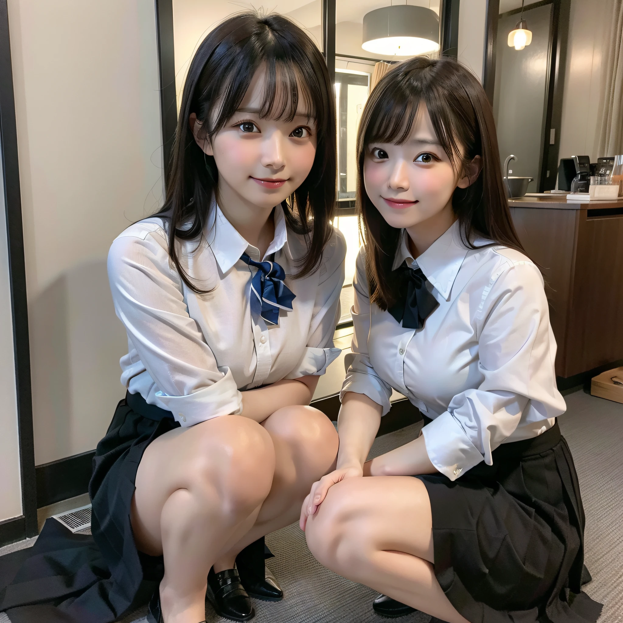 (8k, RAW photo, best quality, masterpiece: 1.2), (realistic, photo-realistic: 1.37), ultra-detailed, 1 girl, cute, solo, legs ajar, menstruating, beautiful detailed sky, detailed coffee, night, dating, (flushed nose), (smile: 1.1), (closed mouth), medium breasts, beautiful detailed eyes, (collared shirt: 1.1), bow tie, pleated skirt, squat,