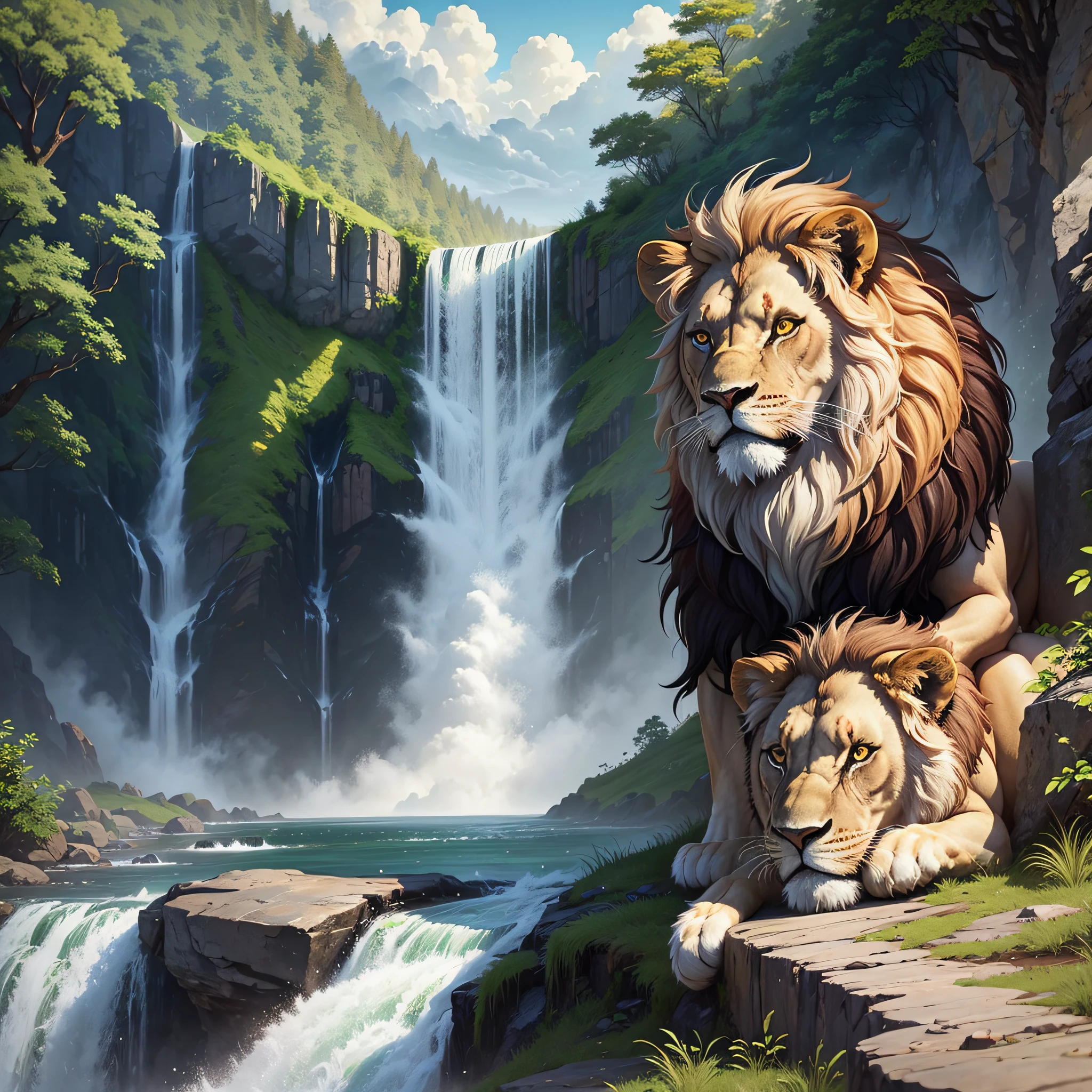 A lion watching the fall of a waterfall in the middle of nature --auto --s2