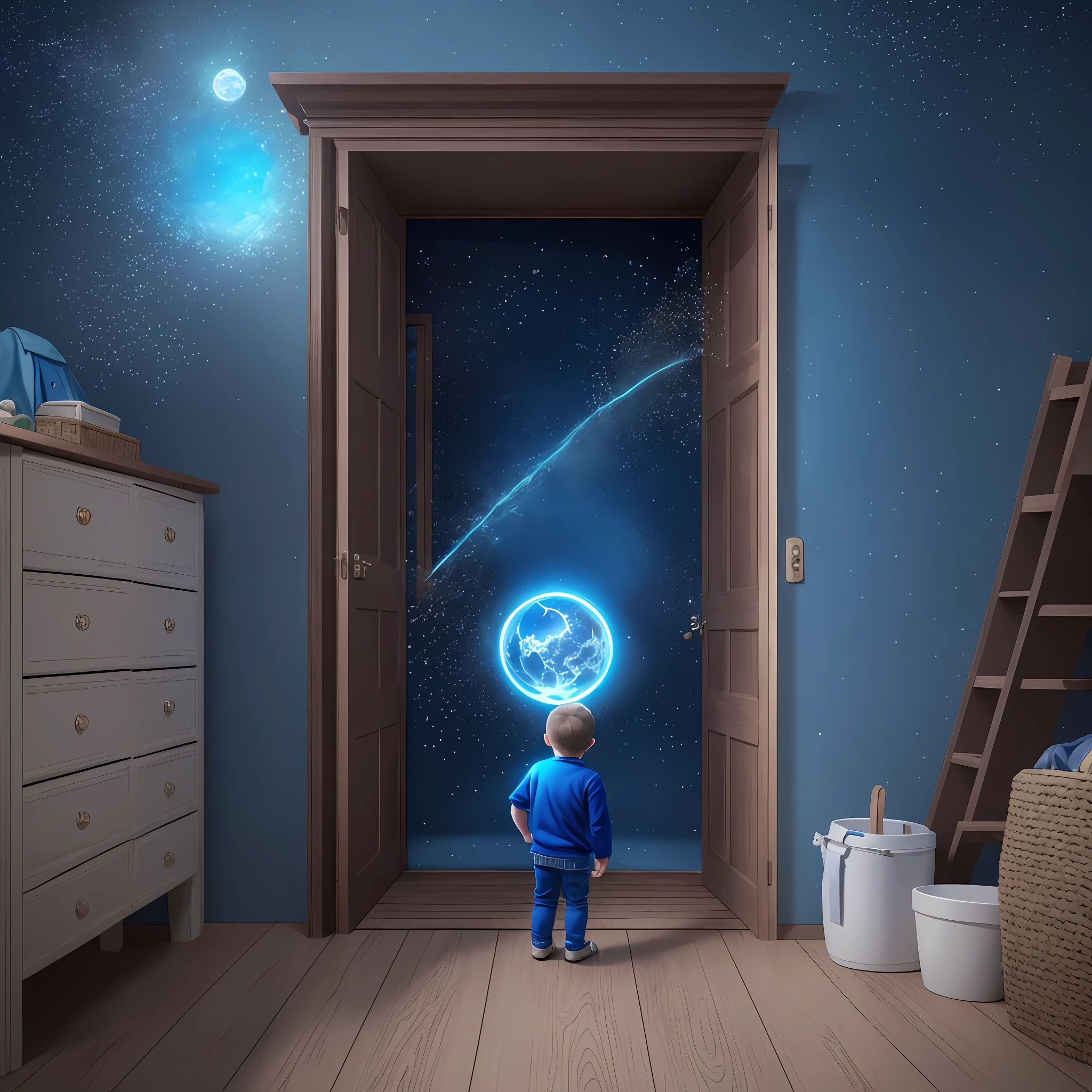 8k, masterpiece, ultra realistic, ultra detailed, little boy opening his wardrobe and seeing a portal to another world all blue in the moonlight with bright blue particles coming out of it --auto --s2
