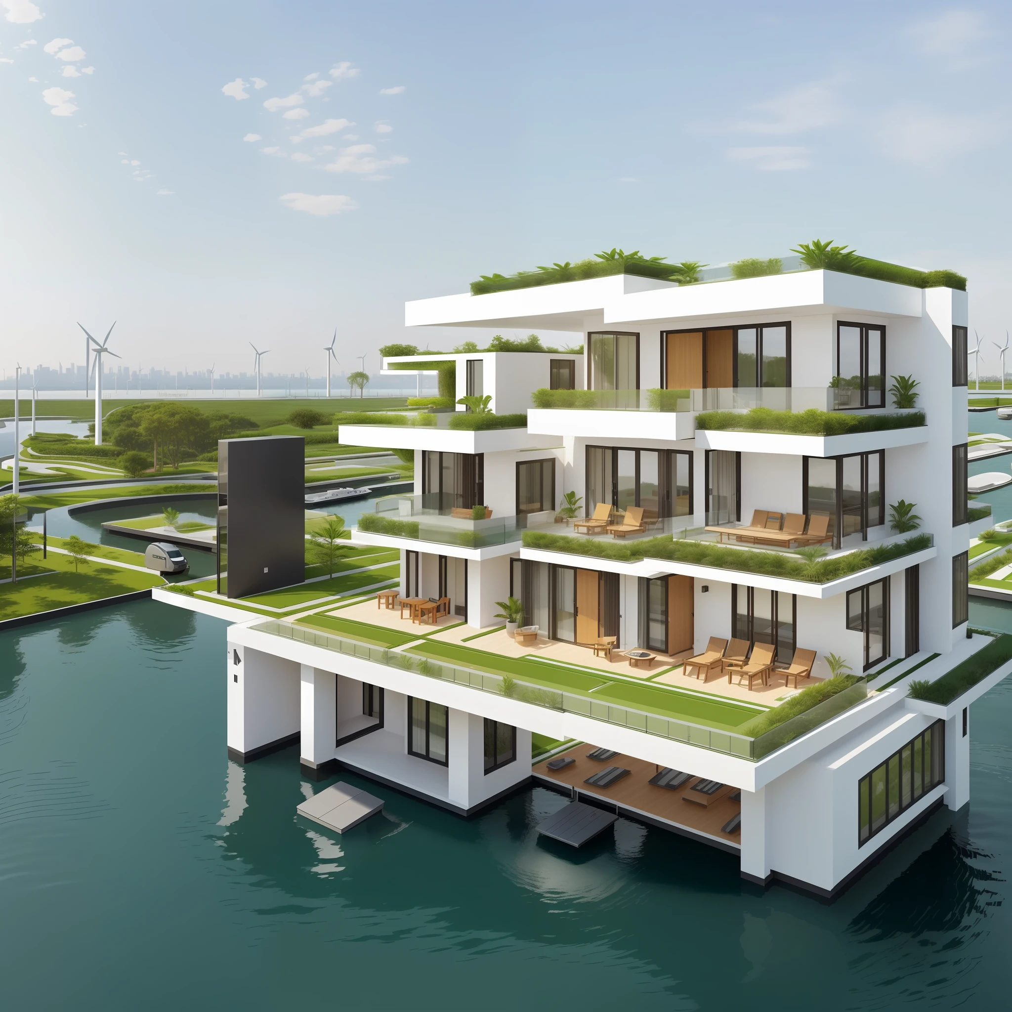This innovative design envisions a sustainable and eco-friendly floating city, built to address the challenges posed by rising sea levels and overpopulation. The city's infrastructure consists of modular, self-sustaining structures that are constructed from recycled materials. These structures incorporate renewable energy sources such as solar panels and wind turbines, ensuring a minimal carbon footprint. The city's layout features a network of canals, allowing for efficient transportation through electric-powered boats and water taxis. Green spaces are integrated throughout the city, with rooftop gardens and vertical farms promoting urban agriculture. The design also includes advanced waste management systems, utilizing recycling and composting to minimize environmental impact. This visionary concept offers a harmonious blend of sustainable living, innovative architecture, and a strong connection with nature.