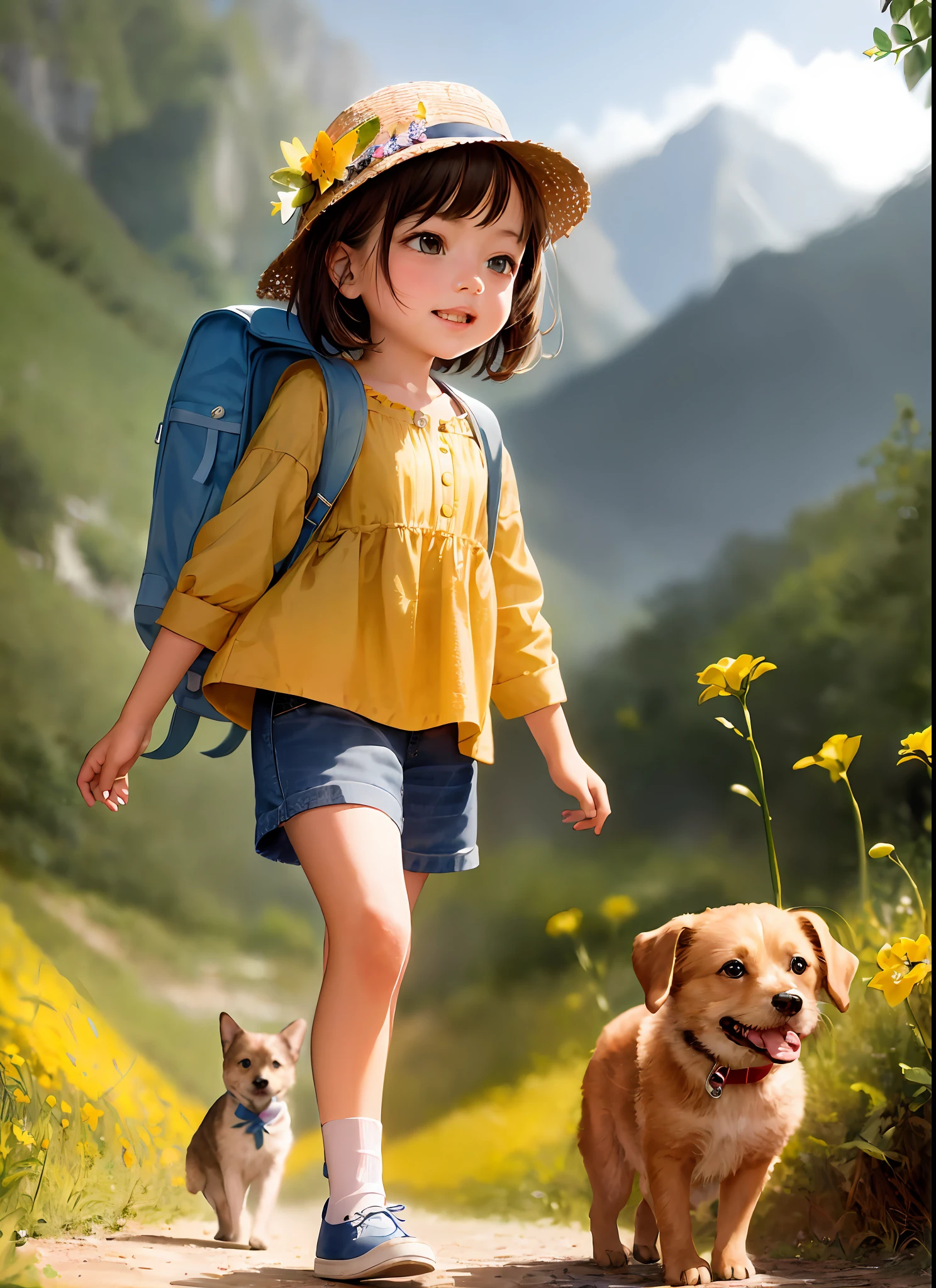 A charming with a cape is enjoying a beautiful spring ride surrounded by beautiful green wheels and nature with her cute puppy. The illustration is a high definition illustration in 4k resolution with highly detailed facial features and cartoon-style visuals, (Butterfly Dance)