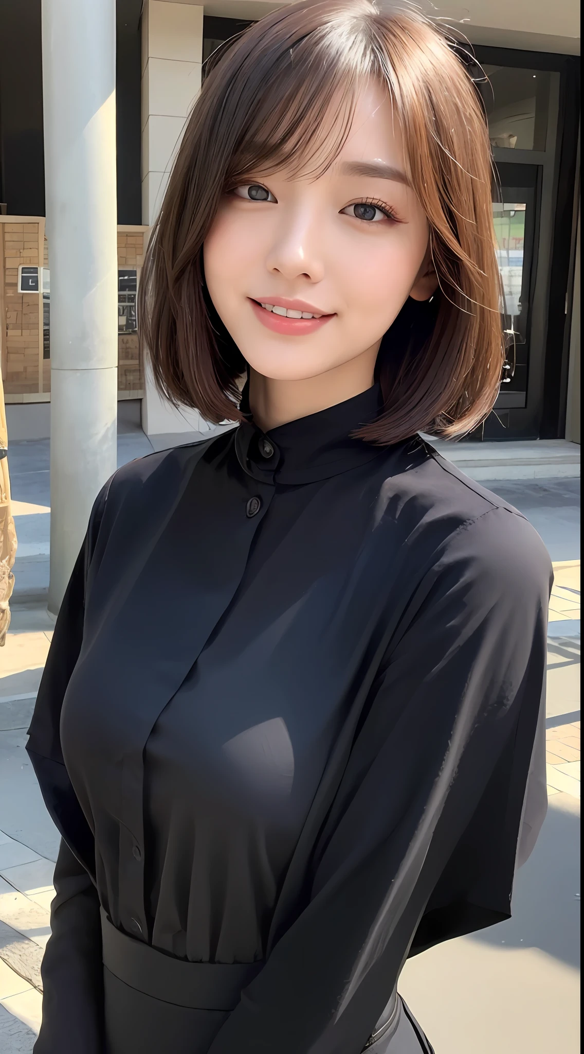 ((Top Quality, 8k, Masterpiece: 1.3)), Portrait, Sharp Focus: 1.2, Beautiful Women in Perfect Style: 1.4, Smiles, Slender Abs: 1.2, (Dark Brown Hair, Big: 0.9), Bob Cut, Long Shirt (White Button Up: 1.1), Street: 1.2, Highly Detailed Face and Skin Texture, Detailed Eyes, Double Eyelids