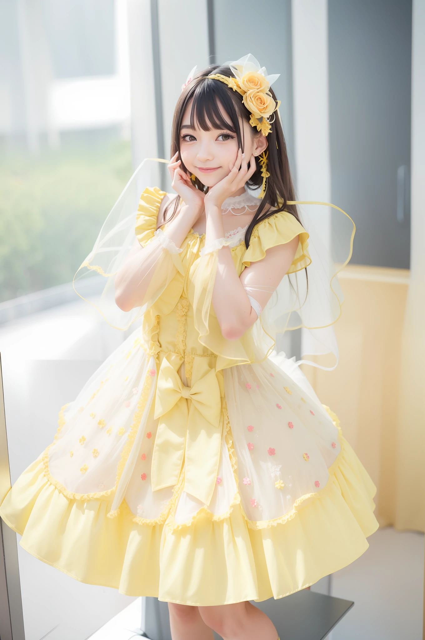 Woman in yellow dress posing for photo, portrait of magical ta girl, angelic pretty, loliashion, loli, lo styleli in dress, sng!! Fantasy, portrait of radical Lolita girl, yellow ing magic, wearing wheat yellow gauze, fairy core