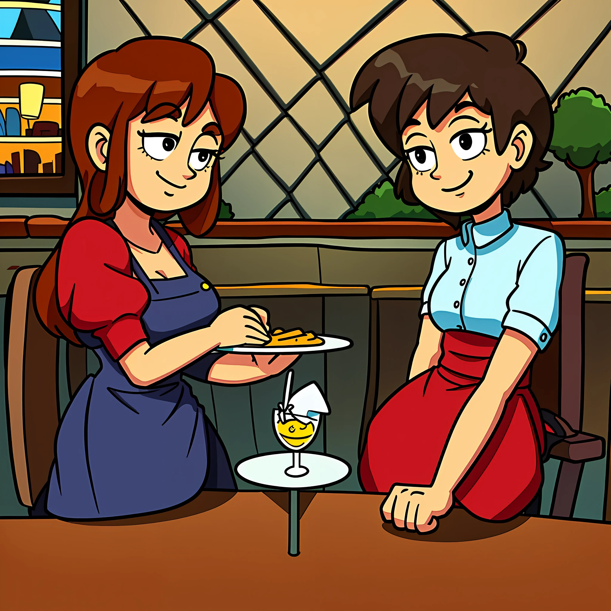 a man and a woman, sitting facing each other at a table in a restaurant, Cartoon, illustration, cute, hq