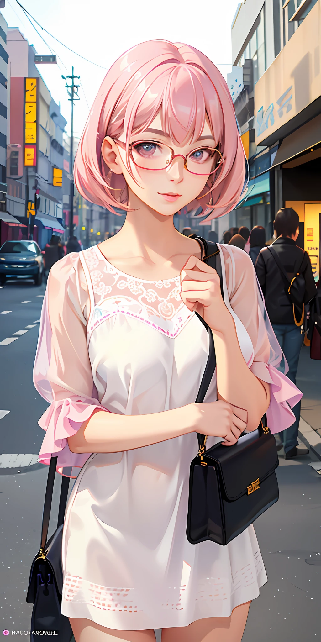 Best quality, high quality texture, delicate, realistic face, fine skin, girly, sexy, mix-and-match, model, illustration, portrait, completely realistic, pink hair, makima, glasses, european street, street light, well-dressed, pink leather bag