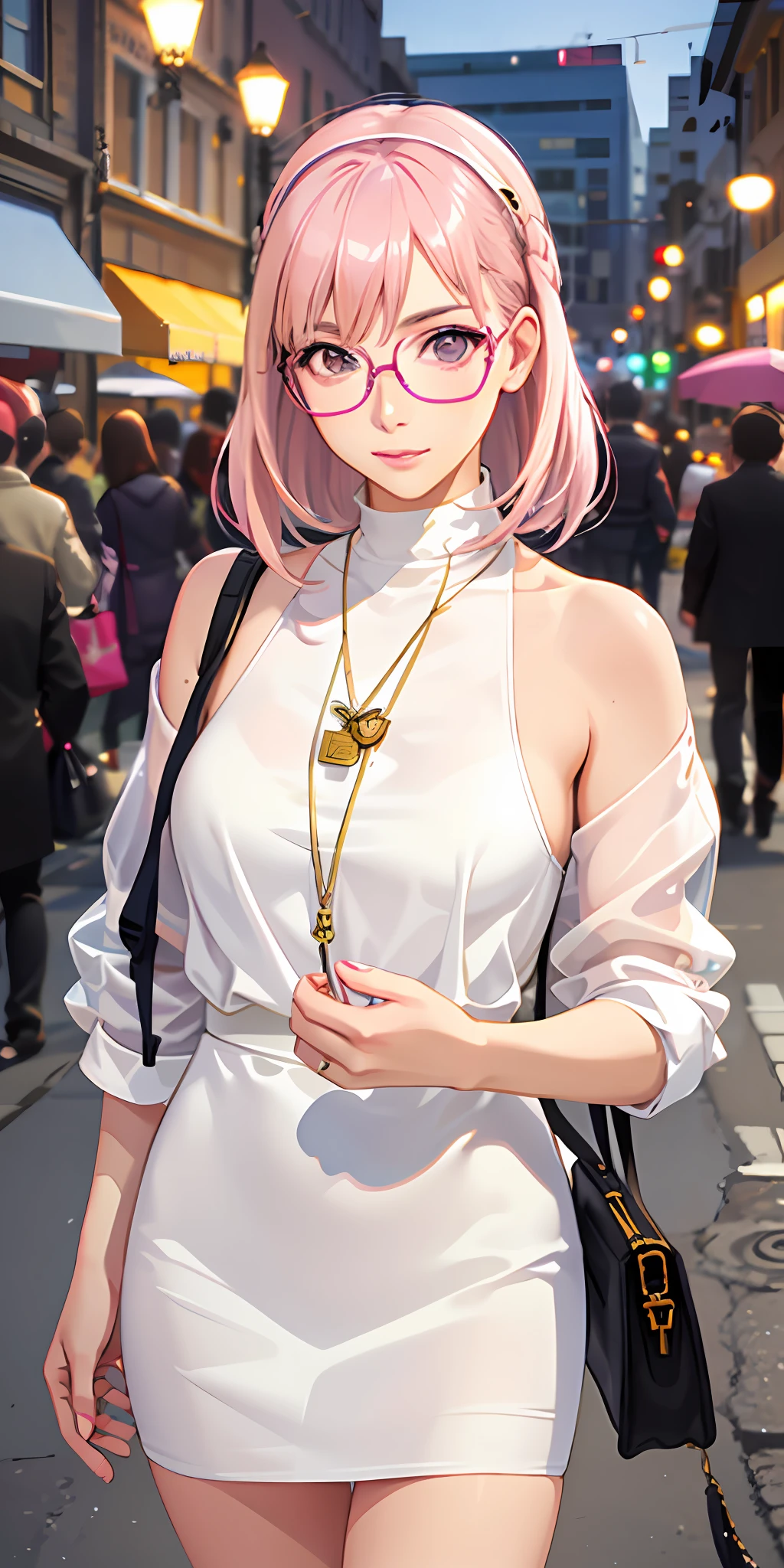 Best quality, high quality texture, delicate, realistic face, fine skin, girly, sexy, mix-and-match, model, illustration, portrait, completely realistic, pink hair, makima, glasses, european street, street light, well-dressed, pink leather bag