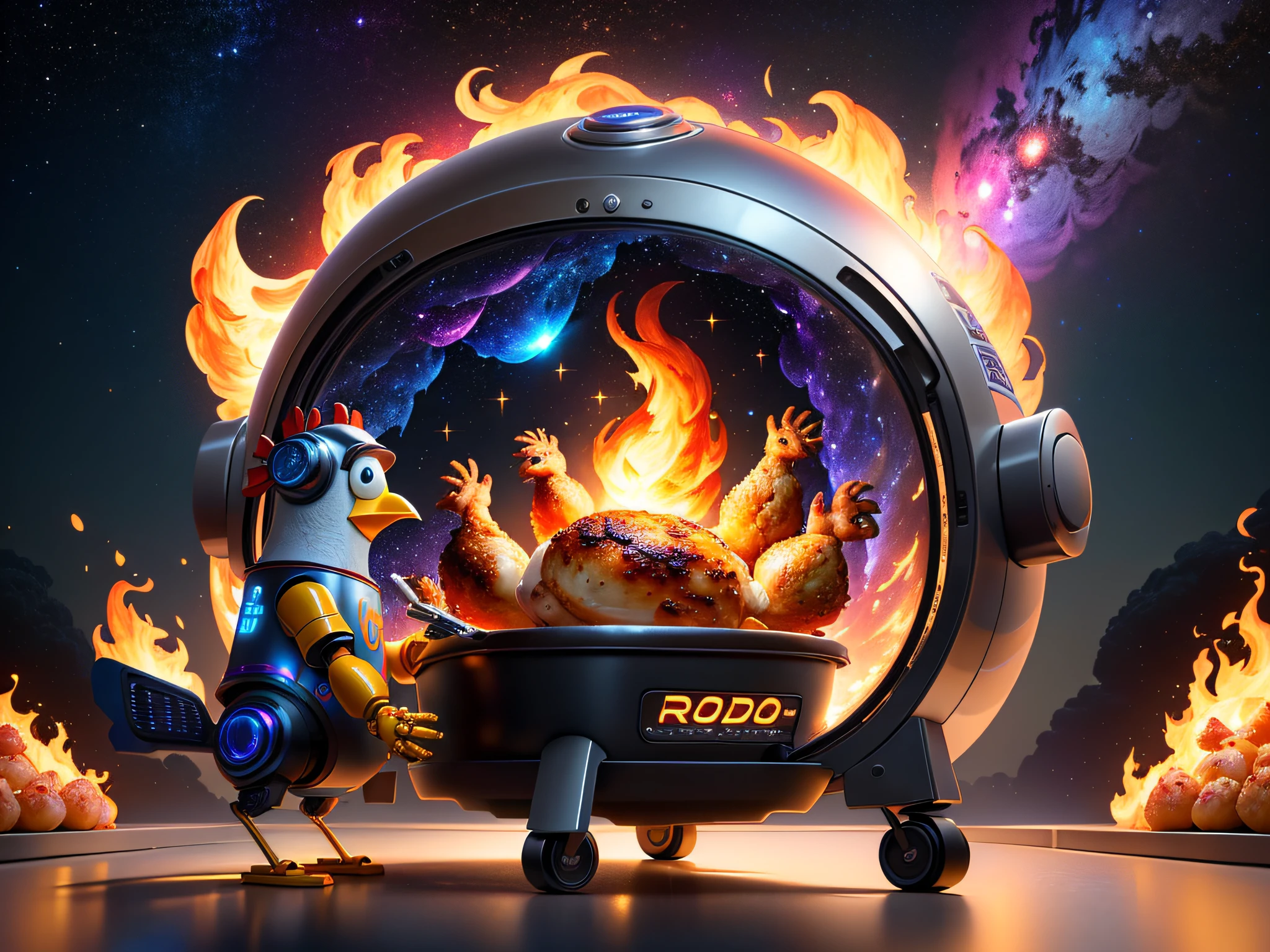 An oven robot holding roast chicken in hand with colorful universe in the background. Pixar animation, funky blind box, OC rendering, ray tracing, high quality, high detail, high resolution, 32k