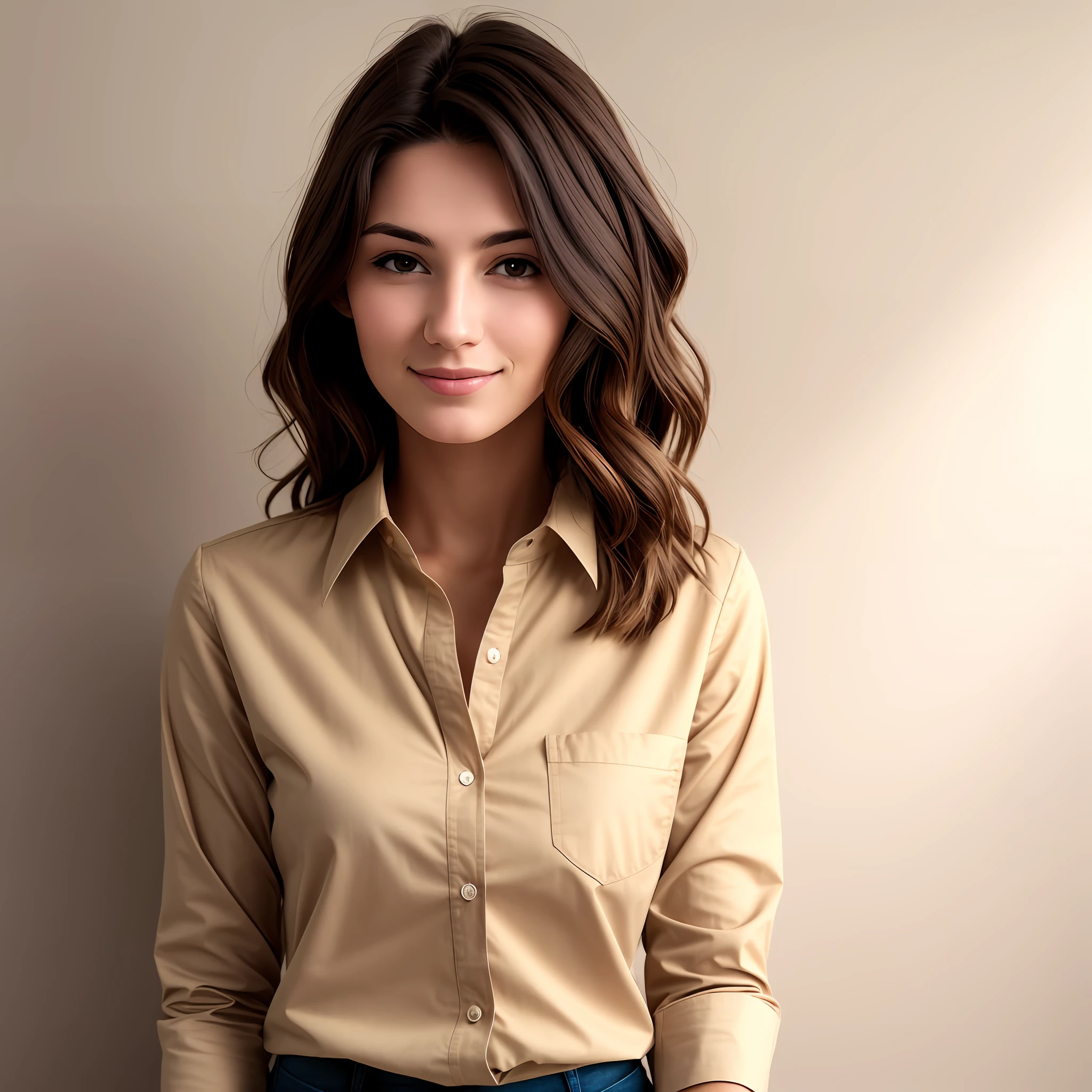 Woman brunette in front with beige shirt on light background