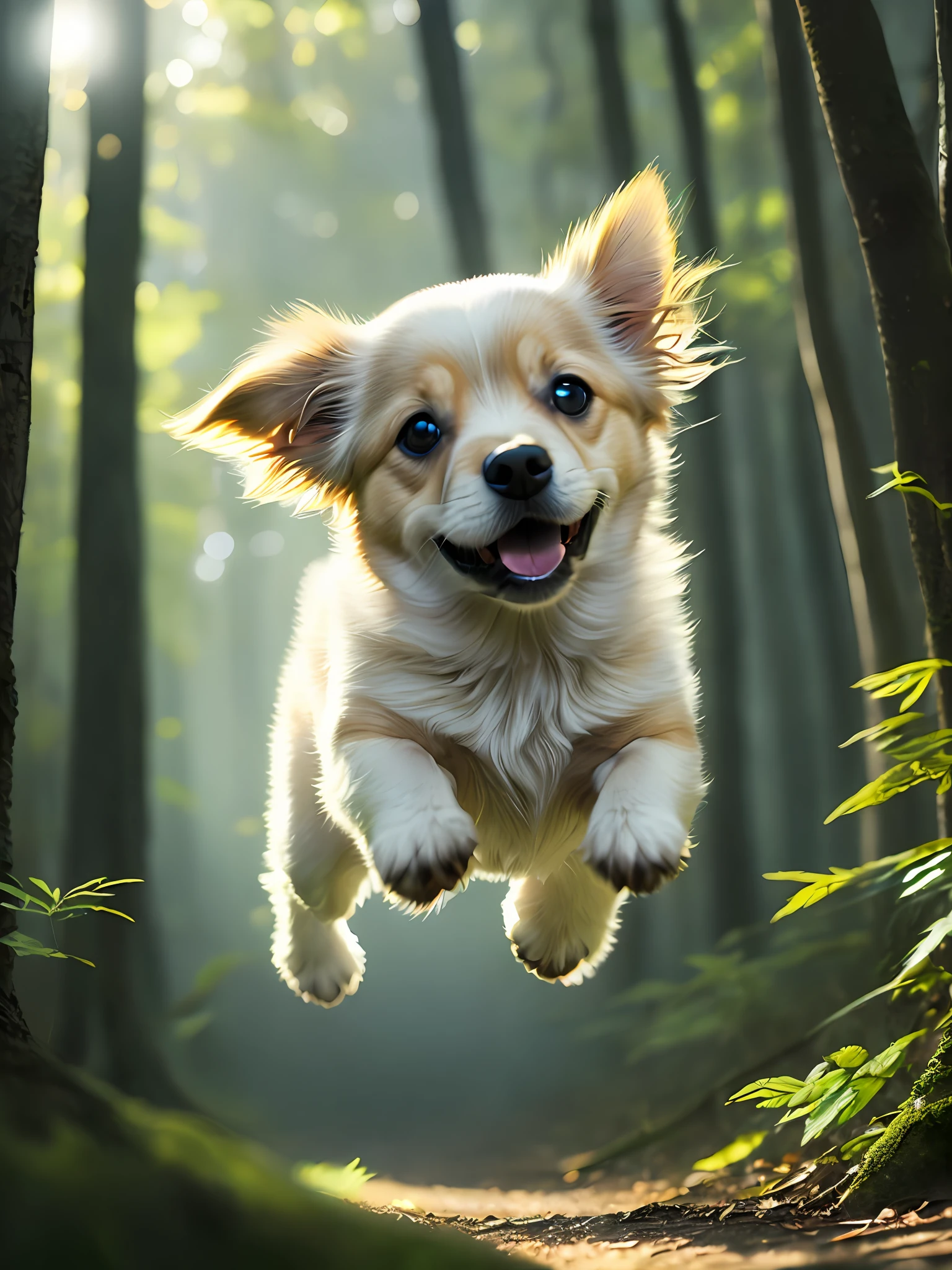 Close-up of a very cute jumping puppy in the forest, soft volumetric light, (backlight: 1.3), (movie: 1.2), intricate details, (ArtStation: 1.3), Rutkowski
