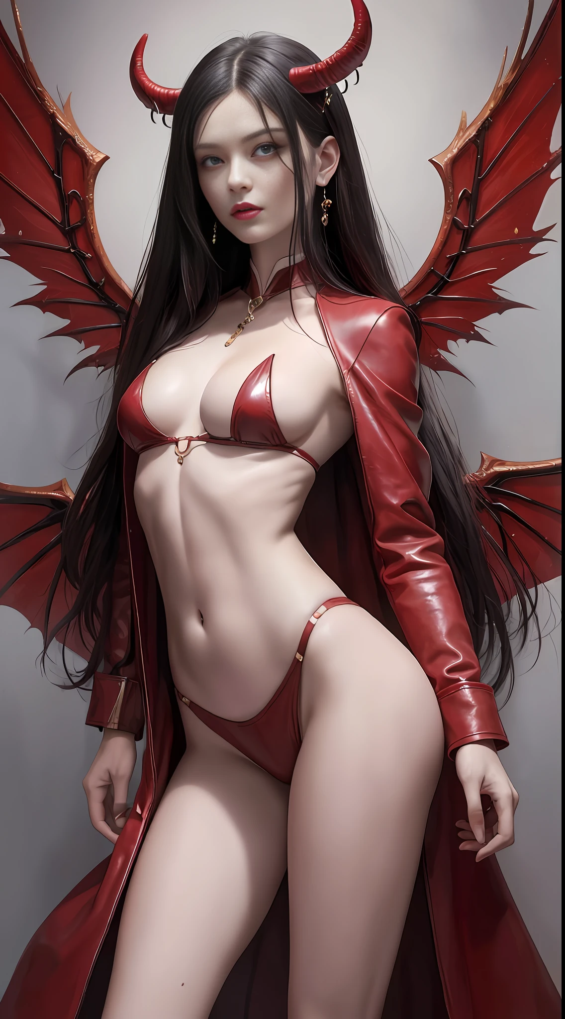 Master painting, 8K quality, master painting, 8K picture quality, small breast, demon wings, delicate eye portrayal, delicate facial features portrayal, delicate body portrayal, delicate makeup depiction, red leather coat, long black hair, slender figure, open chest, long legs, ((exposed)) ((injured)) red blood on the body, gorgeous jewelry, chest