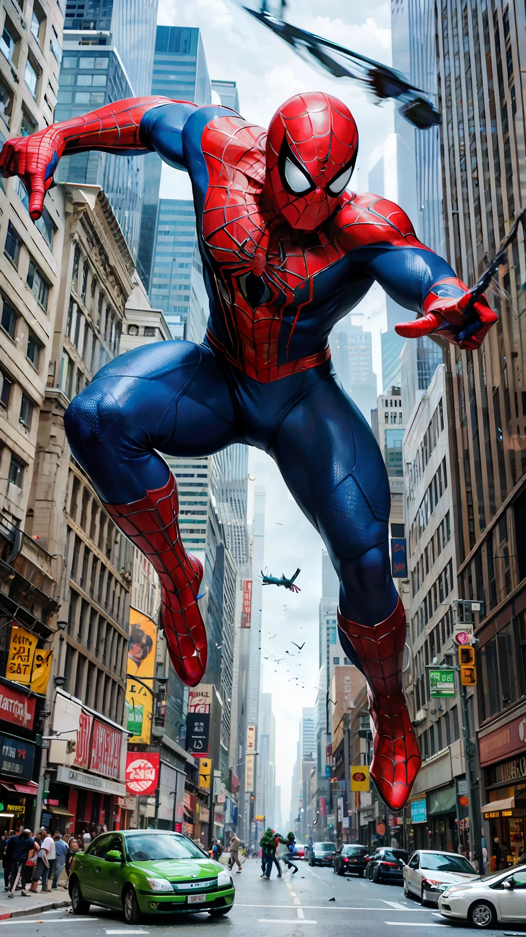 Realistic photo, spider man throwing web in the Hulk's face, street background with wrecked cars, superman on the ground and people looking scared. --auto --s2