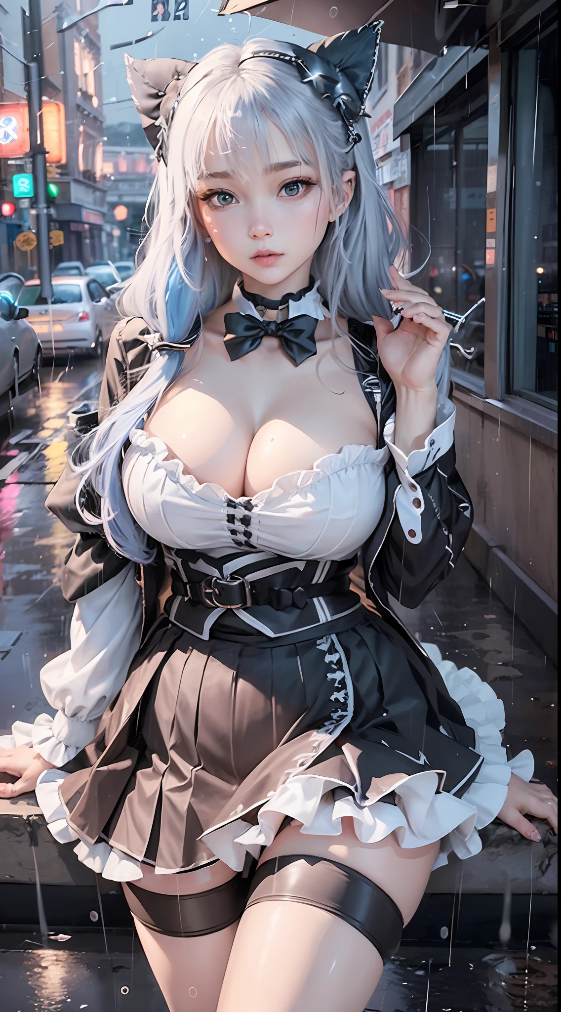 maid cafe, stockings, cat ears, (maid costume, raincoat:1.2), bed, sleeping, choker, bowtie, (pleated skirt:1.3), lora:shirtliftALORAFor_shirtliftv1:1.5, lora:breastinclassBetter_v141:.5 , extremely detailed eyes, extremely detailed face, cute, (photorealistic:1.3), sexy lips, seductive smile, double eyelids, eyelashes, pale skin, perky breasts, full body portrait, textured skin, 4K, RAW, best quality, sharp, hyper realistic, tall, (long slim legs:1.2), (thigh gap:1.2), blush, delicate and beautiful girl, 1girl, solo, (stunningly attractive:1.3), (dramatic:1.2),(masterpiece, best quality, ultra detailed, 8k, RAW photo:1.2), (Unreal Engine, photorealistic:1.1), (beautiful detailed face, a photography of a beautiful girl), (cowboy shot:1.2), (looking at the camera:1.1) BREAK (1girl), (full body:1.2), (beautiful hair), (extremely detailed CG unity 8k wallpaper of a girl with kawaii hairstyle and white marble glowing skin and perfect symmetrical pretty face:1.3), (blue hair:1.3), (sad:1.2), soft light, (over 12 years , under 20 years old:1.2) BREAK ), gigantic breasts from azur_lane, (cleavage:1.2), (sexual pose:1.3) BREAK (on the street:1.3), (see the persons:1.2),(raining:1.3), (looking from behind:1.2), taken by Canon EOS, SIGMA Art Lens 35mm F1.4, ISO 200 Shutter Speed 2000