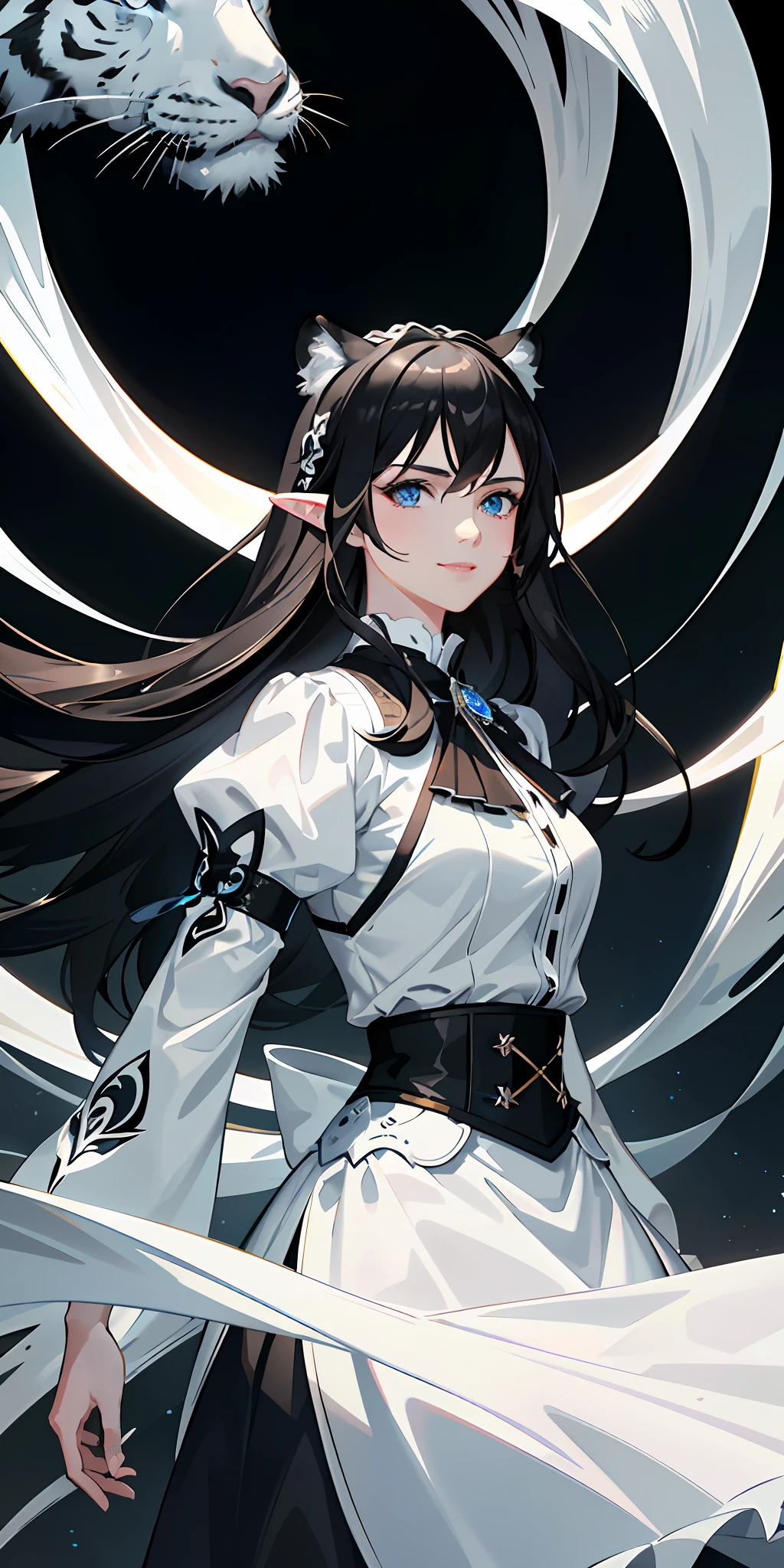 delicate and beautiful CG artwork),(best quality, ultra-detailed, high resolution),(dynamic angle, dynamic lighting),(1 character),(long white and black hair), blue eyes, handsome face), white tiger, big muscles, 1 girl, (long sideburns), white ears with black tips, plants, smile, black clothes