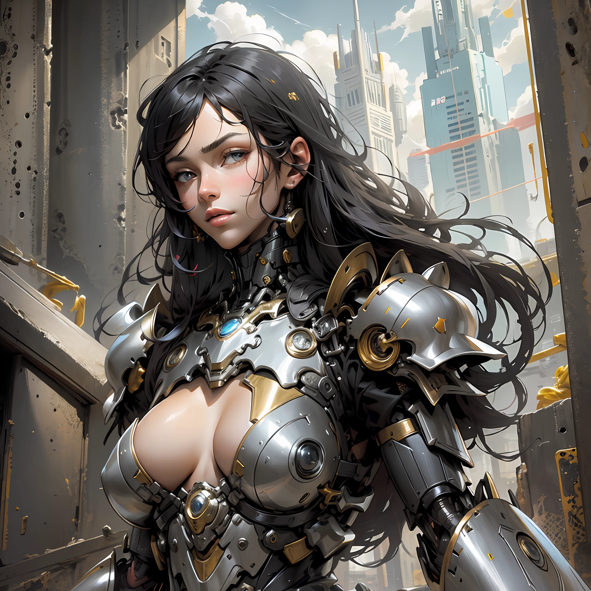 Beautiful tall woman with robotic armor with super realistic and well detailed black hair