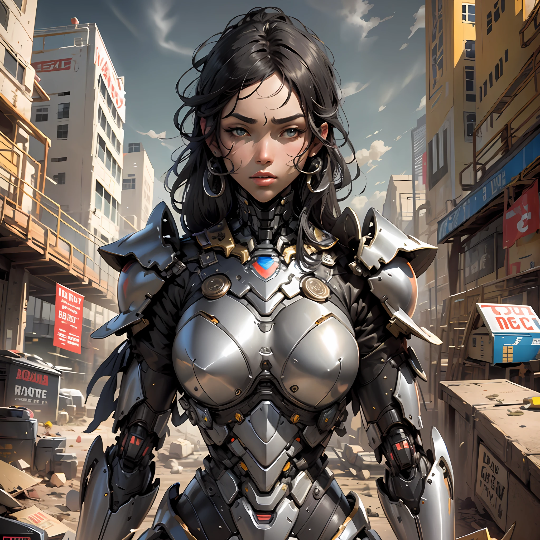 Beautiful tall woman with robotic armor with super realistic and well detailed black hair