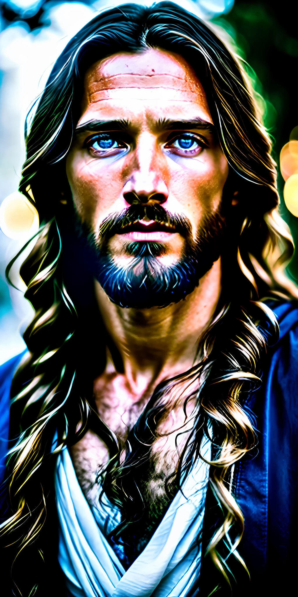 Portrait of modern Jesus Christ with blue eyes,cinematic lighting, depth of field, bokeh, realism, photorealistic, hyperrealism, professional photography, uhd, dslr, hdr