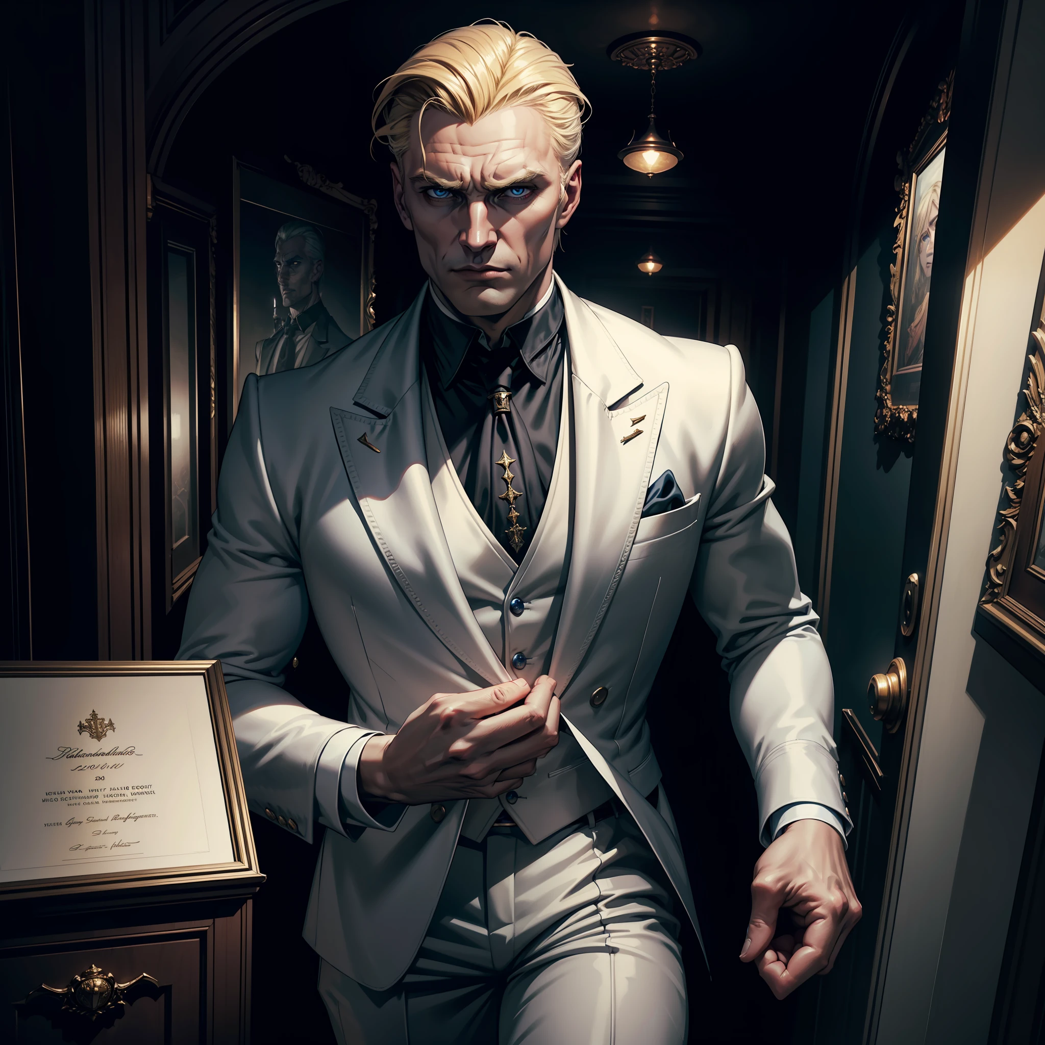 (extremely detailed 8k wallpaper), dark theme, Vampire the Masquerade, modern horror, 2020s, middle-aged man, handsome, imposing, wearing white suit, holding smartphone, sharp focus, (subsurface scattering:1.1), award-winning photography, centered face, Dolph Lundgren's face, ((a Ventrue vampire)), half-body shot:1.1, short blonde hair, supernatural blue eyes, superior expression, Victorian mansion interior with artwork,  dramatic lighting