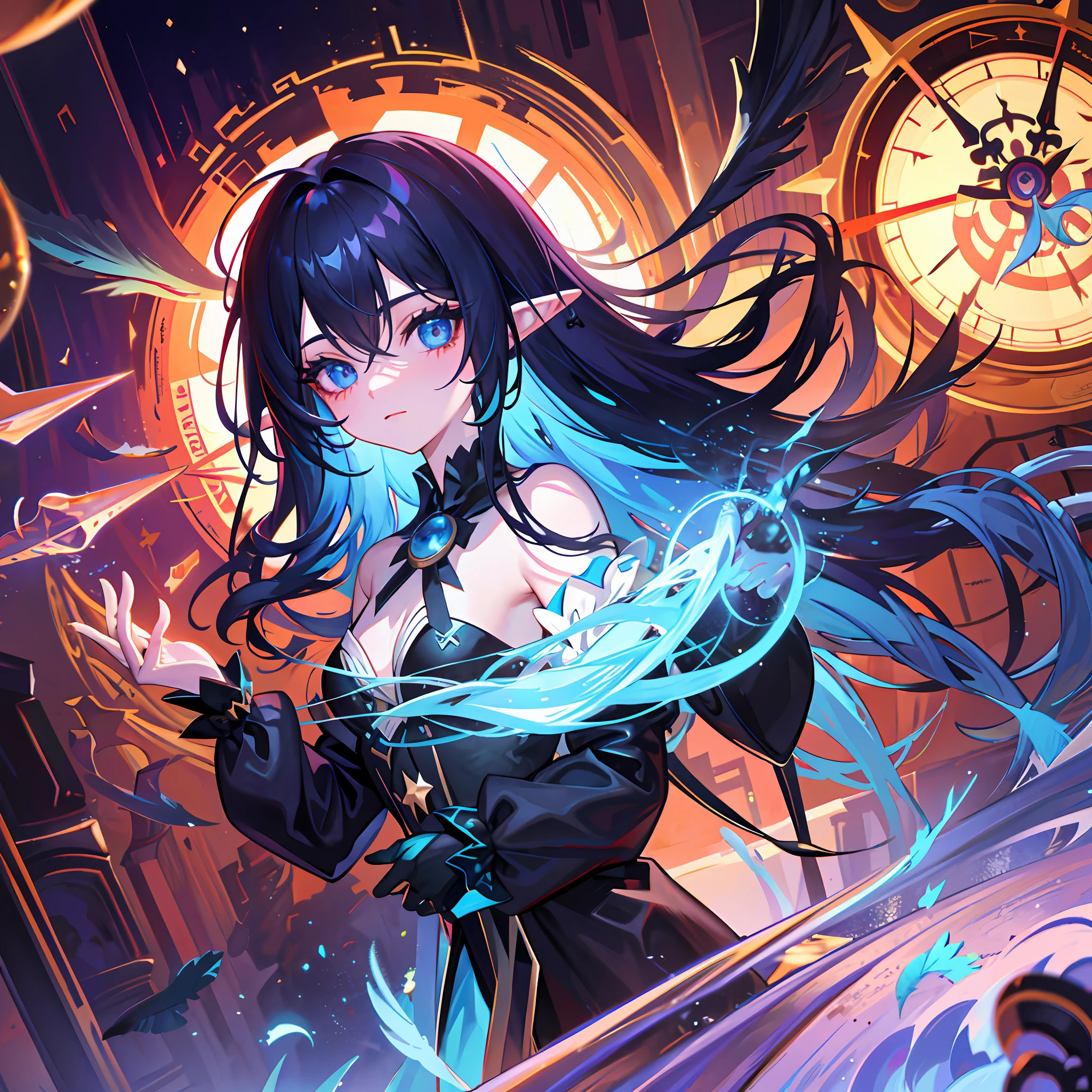 Death,blood,night, dark, (Fantasy),Infinite,deep blue sky,The abyss of knowledge,kowledge,(((masterpiece))),((best quality))),((beautiful fine eyes)),(eyelashes), monster, (one girl), blue-haired, long-haired, abyss-abyss eyes, glossy skin, oil, small, (bird body, feathers), tattered cloth, teen, elf, super fine CG unity 8k wallpaper, masterpiece, ((super detailed)), ((illustration)),colorful,wallpaper,energy,fear of the unknown,puzzle,around magic,magic periphery,magic wand,book,flying page,knowing everything,predicting future,knowing the past,infinite wisdom,blue flame,warlock,magic circle, five-pointed stars, spells, mantras, singing magic,