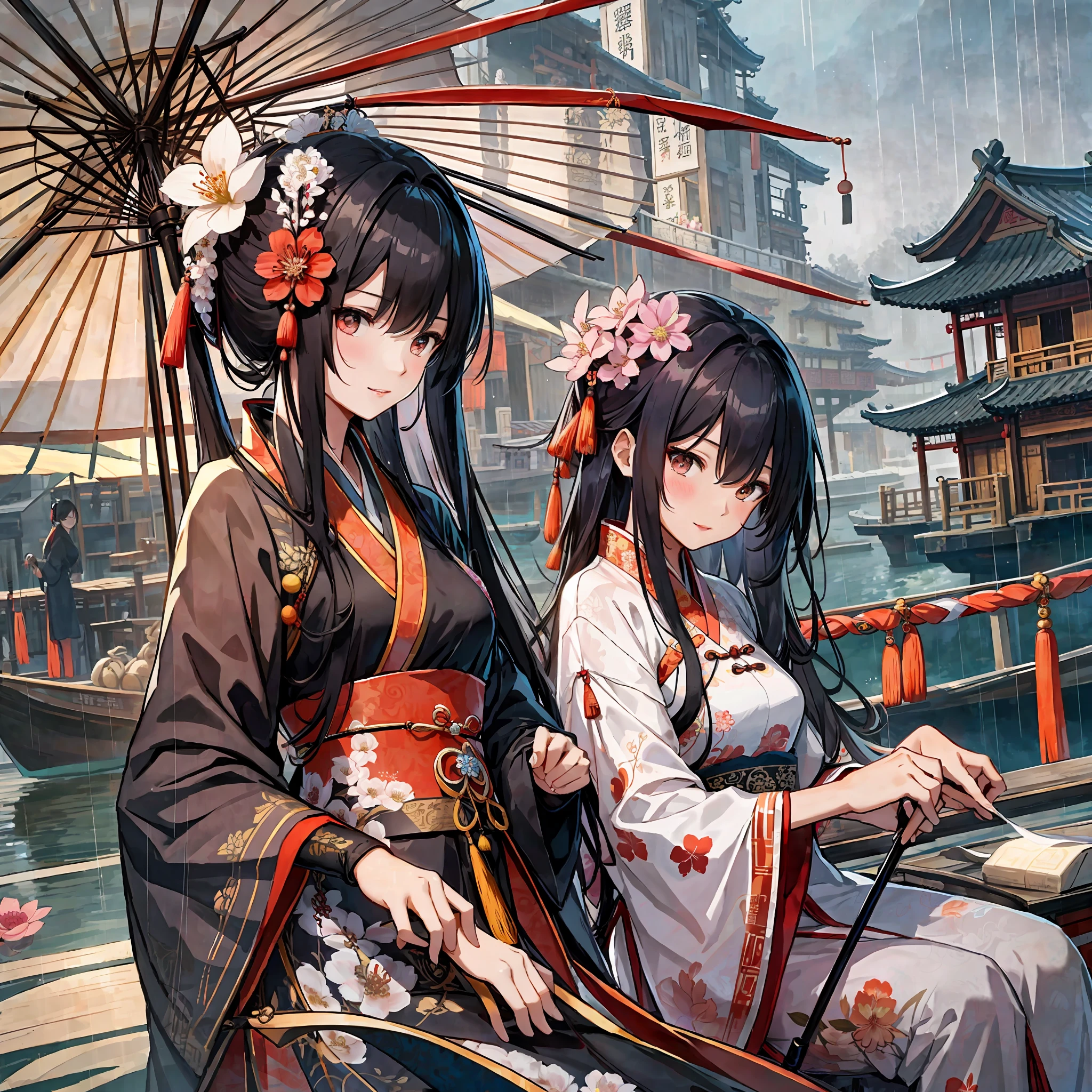 Extreme detail performance, two Chinese wearing Hanfu on the boat sitting on the boat, holding flower umbrellas, rainy days, two people holding umbrellas on the boat, wearing ancient Chinese costumes, ancient Chinese princesses, ancient Chinese beauties, ancient Chinese art styles, girls in Hanfu