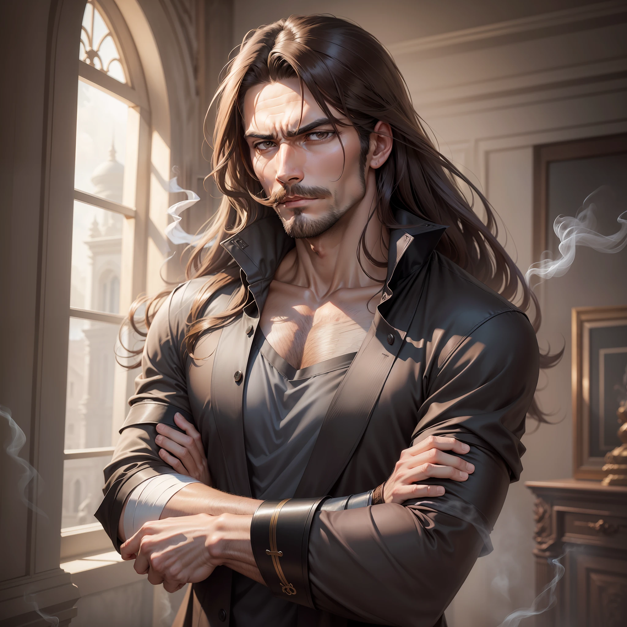 Realistic look of a handsome, strong man, long brown hair, brown eyes, dressed in a casual black alchemist style blouse, with gauze and bandages wrapped around his arms, expression of surprise, very smoky scenery of a palace hall