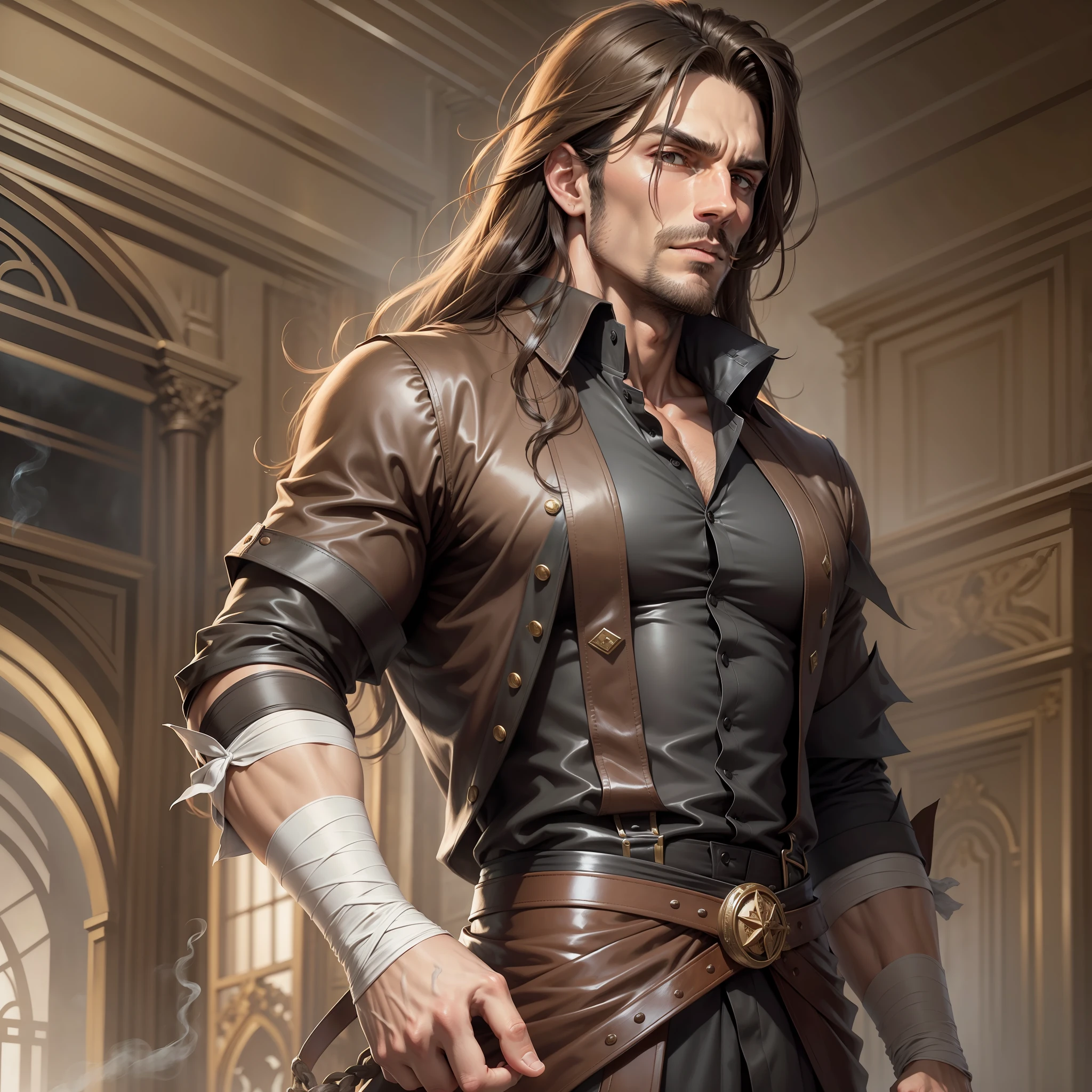 Realistic look of a handsome, strong man, long brown hair, brown eyes, dressed in a casual black alchemist style blouse, with gauze and bandages wrapped around his arms, expression of surprise, very smoky scenery of a palace hall