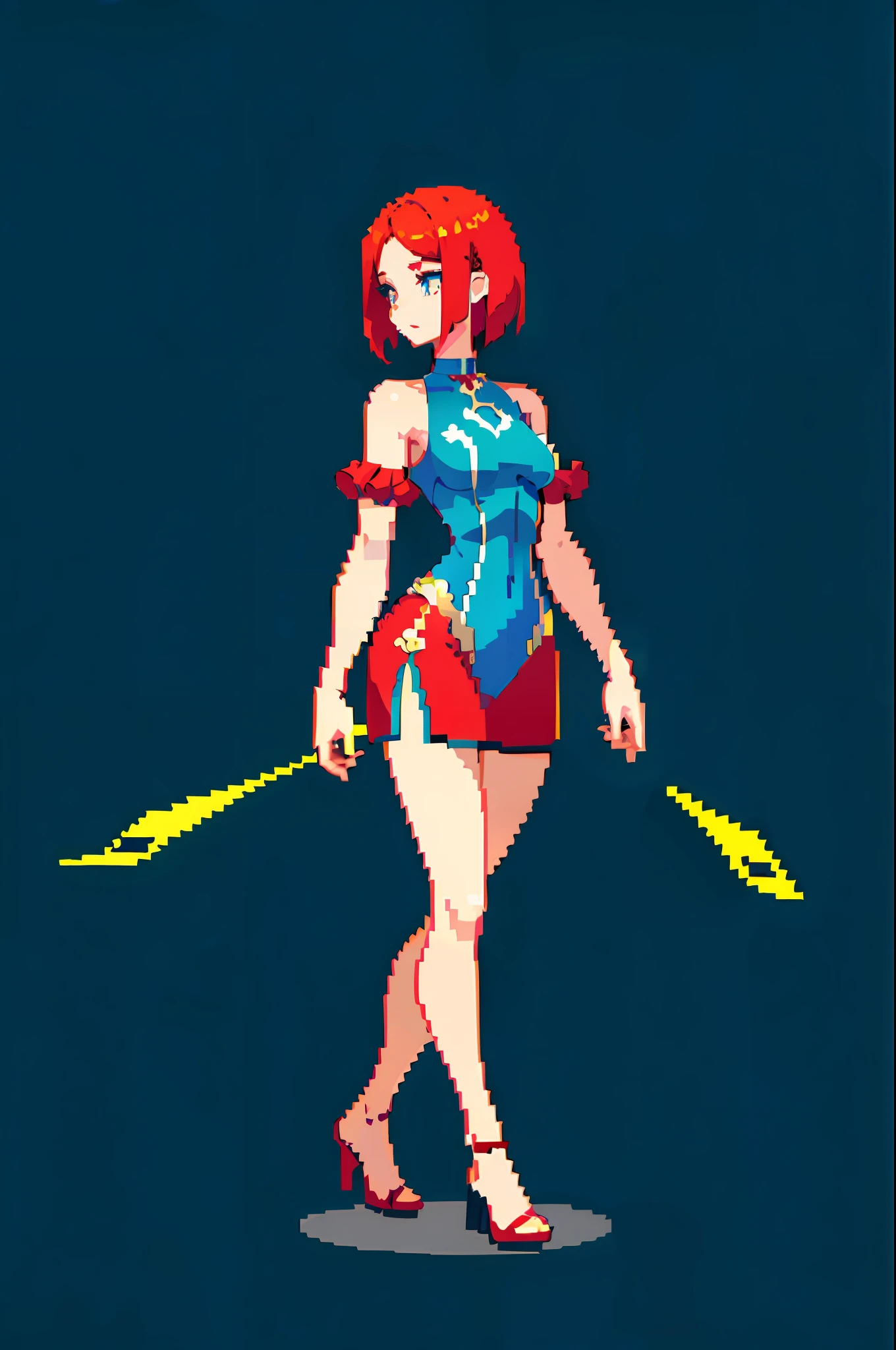 (masterpiece, top quality, best quality), pixel, pixel art, 1girl, back, full body, wide hips, redhead, short hair, red dress, exposed back