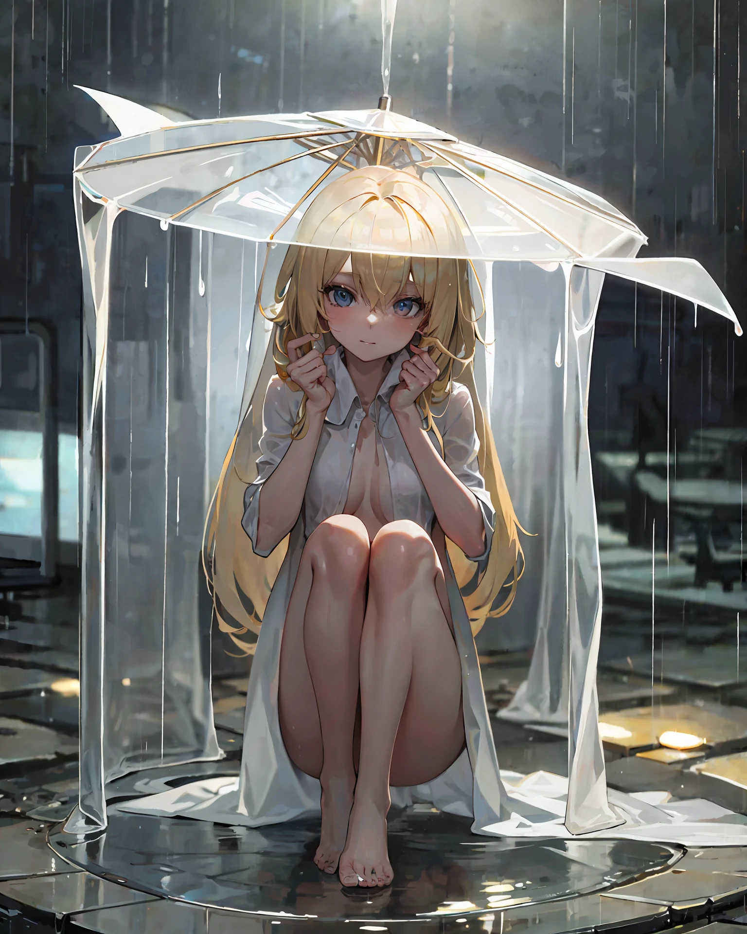 A blonde, naked beauty in a transparent coat squatted on the ground on a rainy day, exposing her lower body
