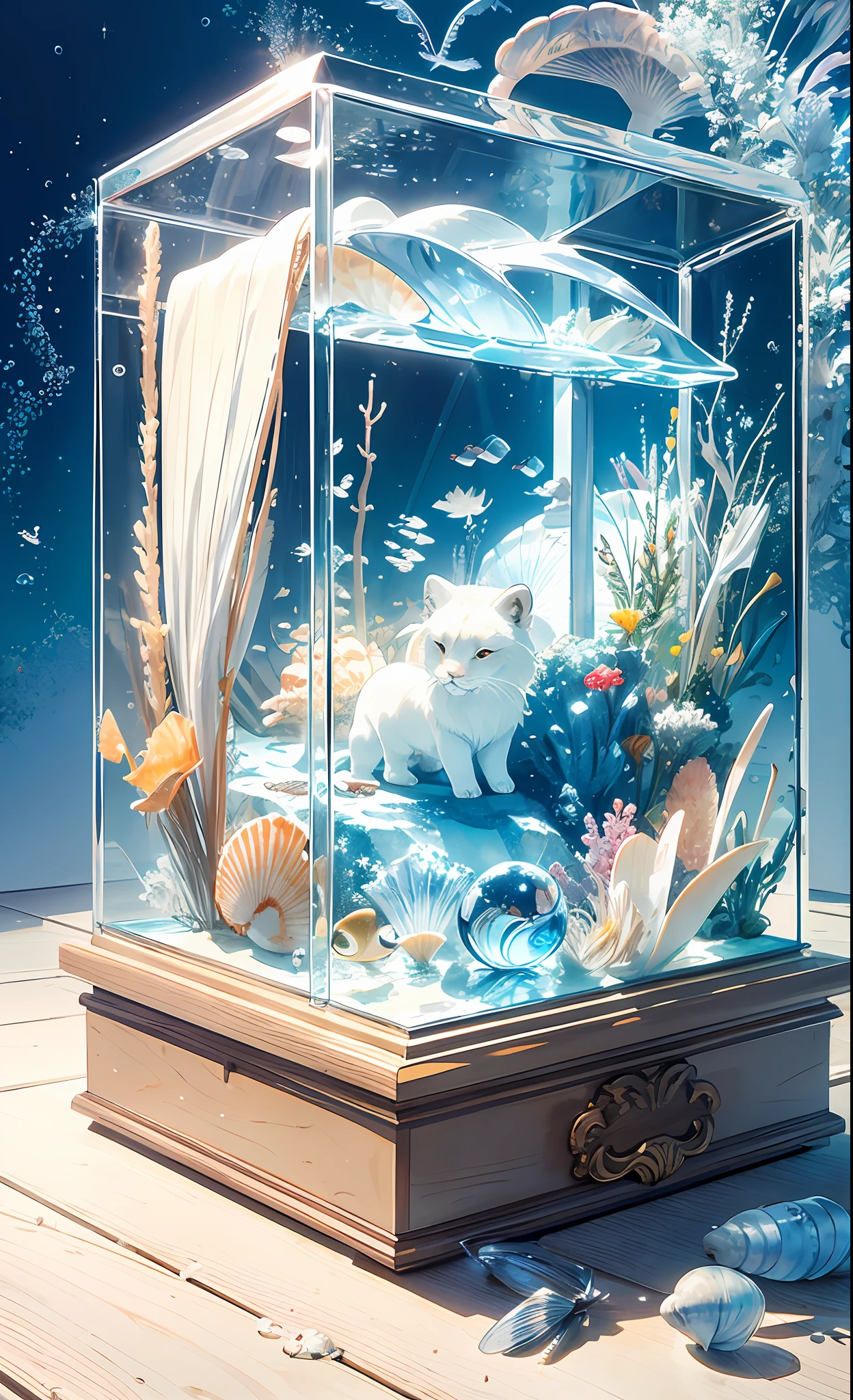 (Masterpiece, Top Quality, Best Quality, Official Art, Beautiful and Aesthetic: 1.2), (White Wood Box resembles glass case, with Under the Sea image),sitting cute white lion rabbit, on the (crystal shellfish:1.2)