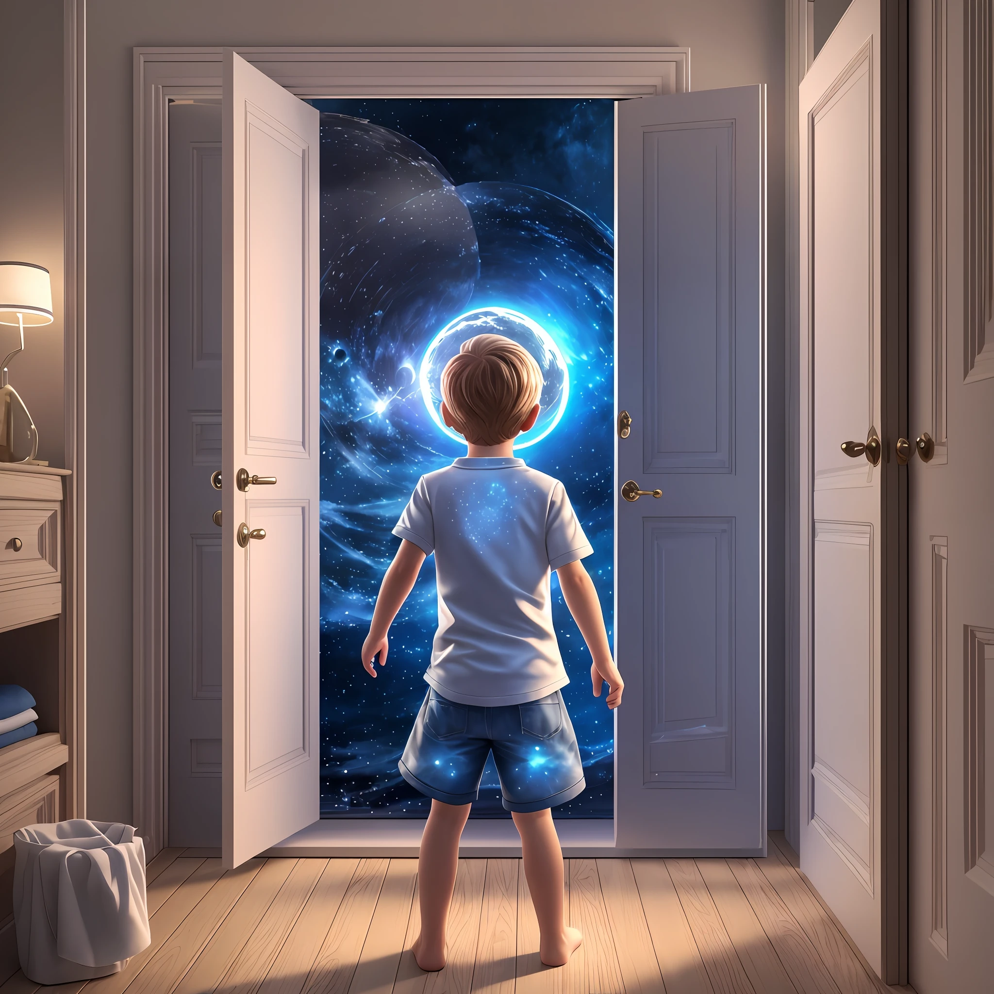 8K rendering, masterpiece, ultra realistic, ultra detailed, little boy opening his wardrobe in his bedroom and seeing a portal to another world in the moonlight with bright blue particles coming out of it --auto --s2