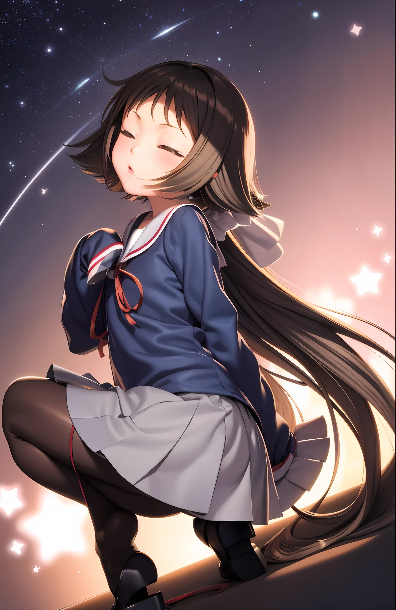 masterpiece, best quality,bp-homura, 1girl, long hair, solo, akemi homura, pantyhose, black hair, ribbon, closed eyes, hair ribbon, magical girl,(kbxll:0.6)