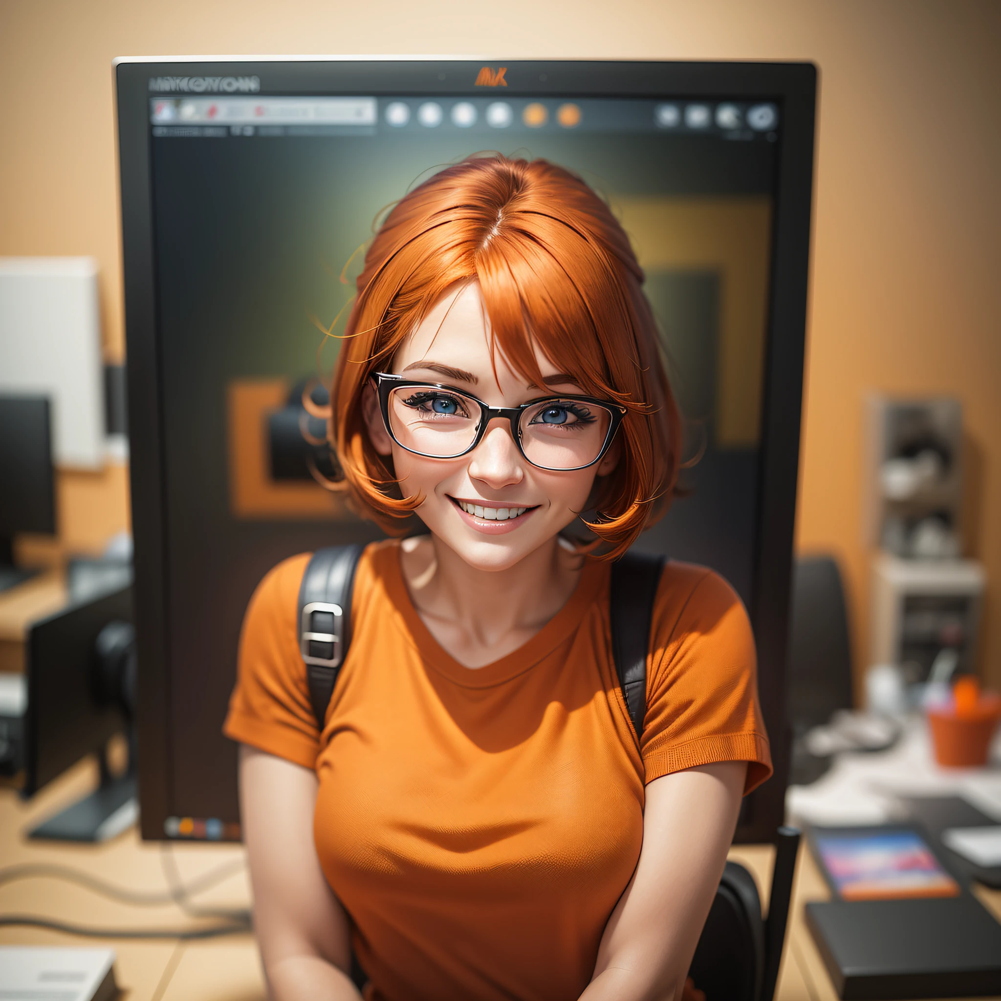 a character 27 year old woman wearing beautiful orange glasses and smiling wearing a plain orange knit t-shirt, very short and spiky orange brown hair, working an advertising agency with orange walls, blurred background, looking at the monitor of an iMac, smiling, cinematic lighting, shallow depth of field, 8k uhd, dslr, 35 mm 1.8 lens, masterpiece, high quality, photorealistic, realism, hyperrealism, art photography --auto --s2