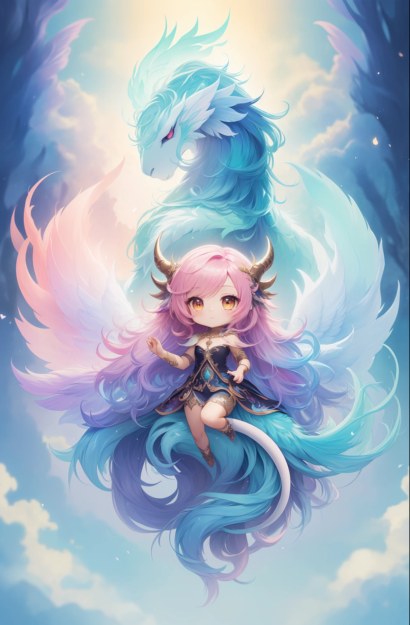 mythical creature, beast, fluffy, gradient color ((best quality)), ((masterpiece)), ( extreme detailed, highest detailed, official art, beautiful and aesthetic:1.2), depth of field, composition, FULL BODY, (CHIBI), (beautiful and detailed eye:1.3), Long tail