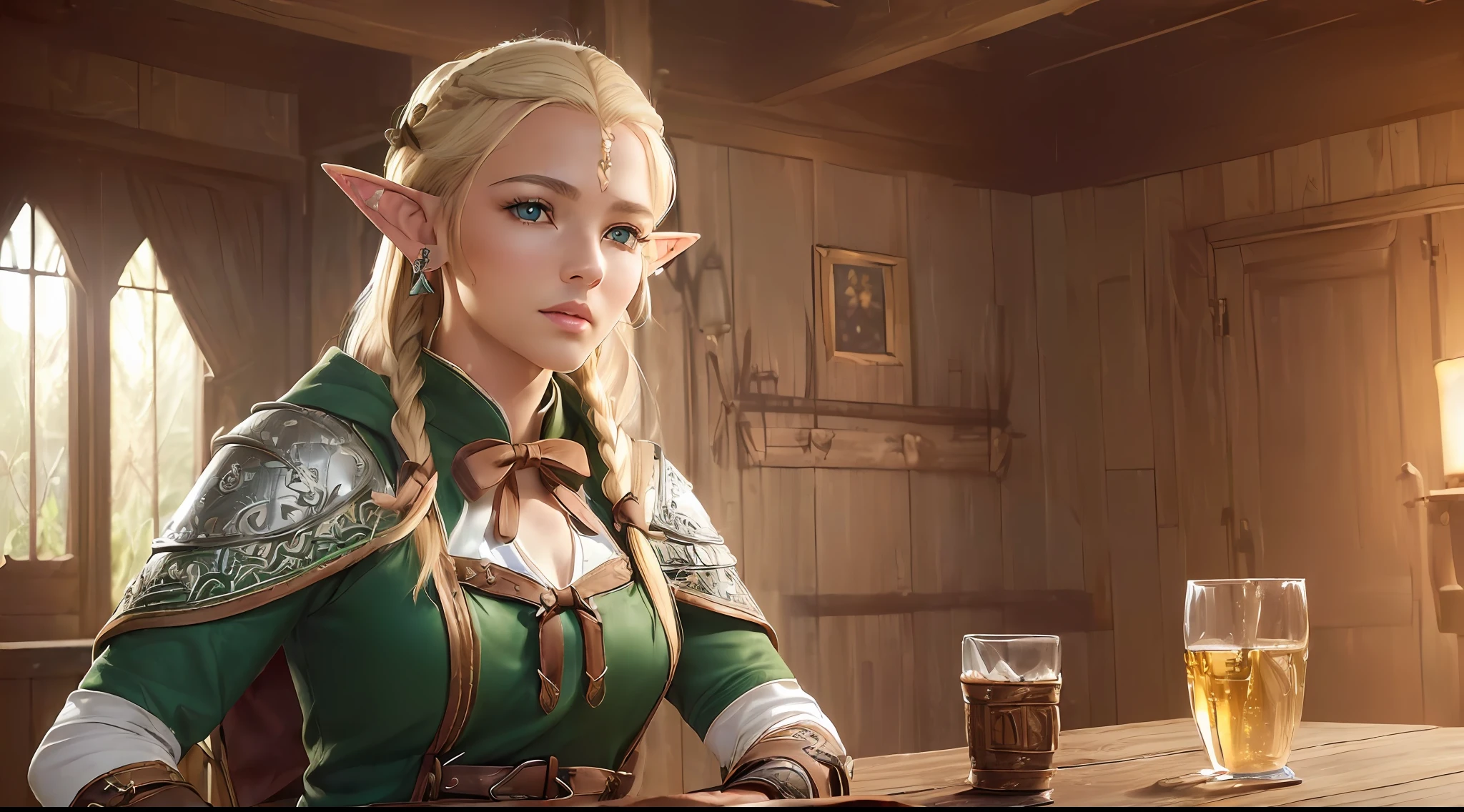 ((((((only one person in the image))))), (skindentation:1.5), realistic, photorealistic, (masterpiece:1.5), concept art, intricate details, highly detailed, octane rendering, 8k, unrealistic engine, dynamic pose, best quality, high resolution, ((dramatic)), epic, depth of field, 8k, particles, (realistic face:1.1, hyperrealistic:1.1), ((1girl, close-up, medium breasts, perfect eyes, detailed eyes, high quality eyes, perfect face, high quality face, bright skin:1.2, bright face:1.2, embarrassed, blush:0.8, green eyes)), server, rustic tavern interior in the background, jug, sign, jovial fantasy atmosphere, detailed background, blurry wooden bar table as foreground, (((elf, pointed ears, blonde hair, perfect hands))), ((archer, bow and arrow, extremely intricate cloak, leather armor, leather belt, boots, padded cloth, gloves, bracelets, bow, quiver))