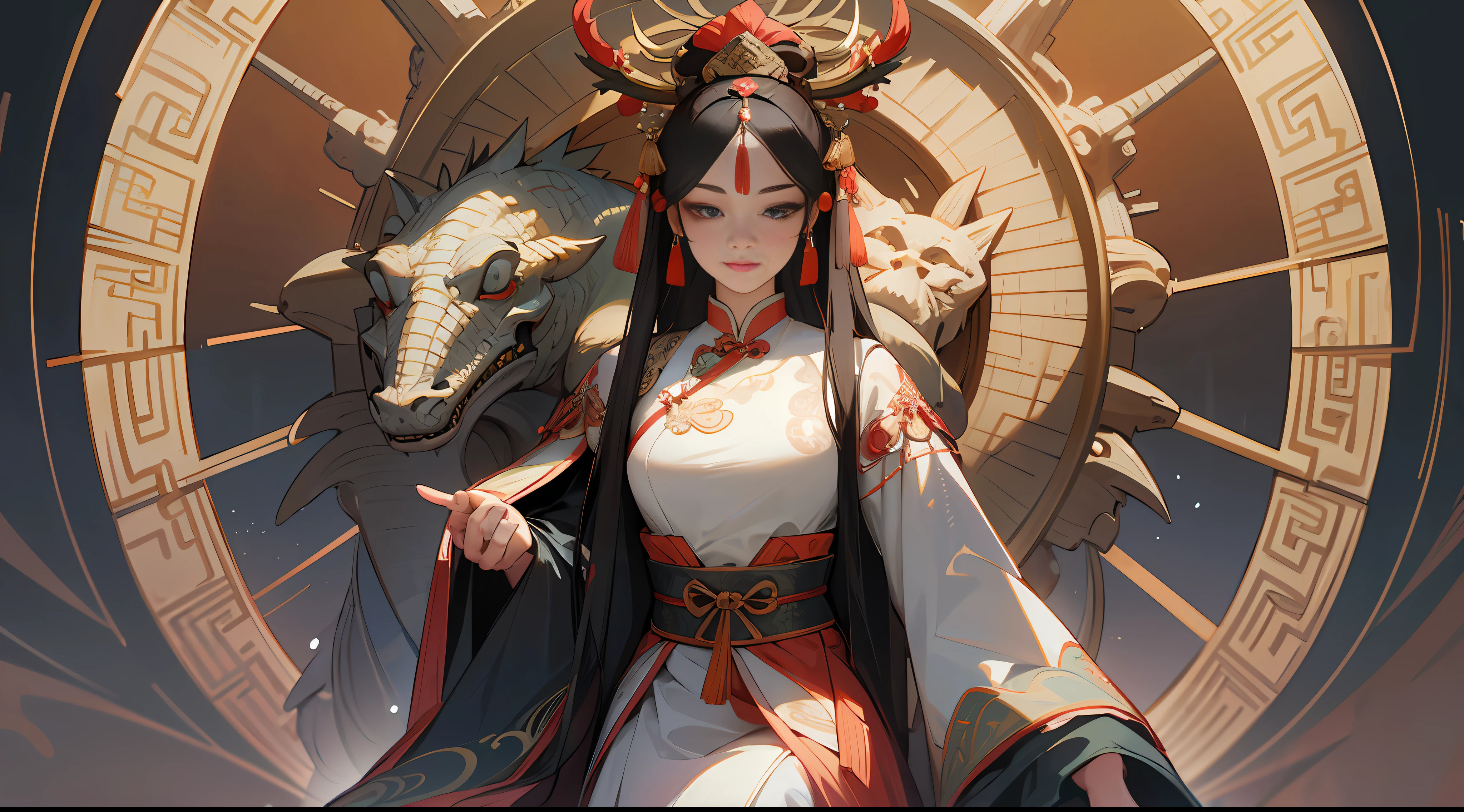 Masterpiece, highest quality, super detail, trend, art station, an ancient Chinese beauty, bust, Tang dynasty costume, surrounded by a small dragon, professional lighting, professional photography, (realistic: 1.5), octane rendering, (surreal: 1.2), --auto --s2