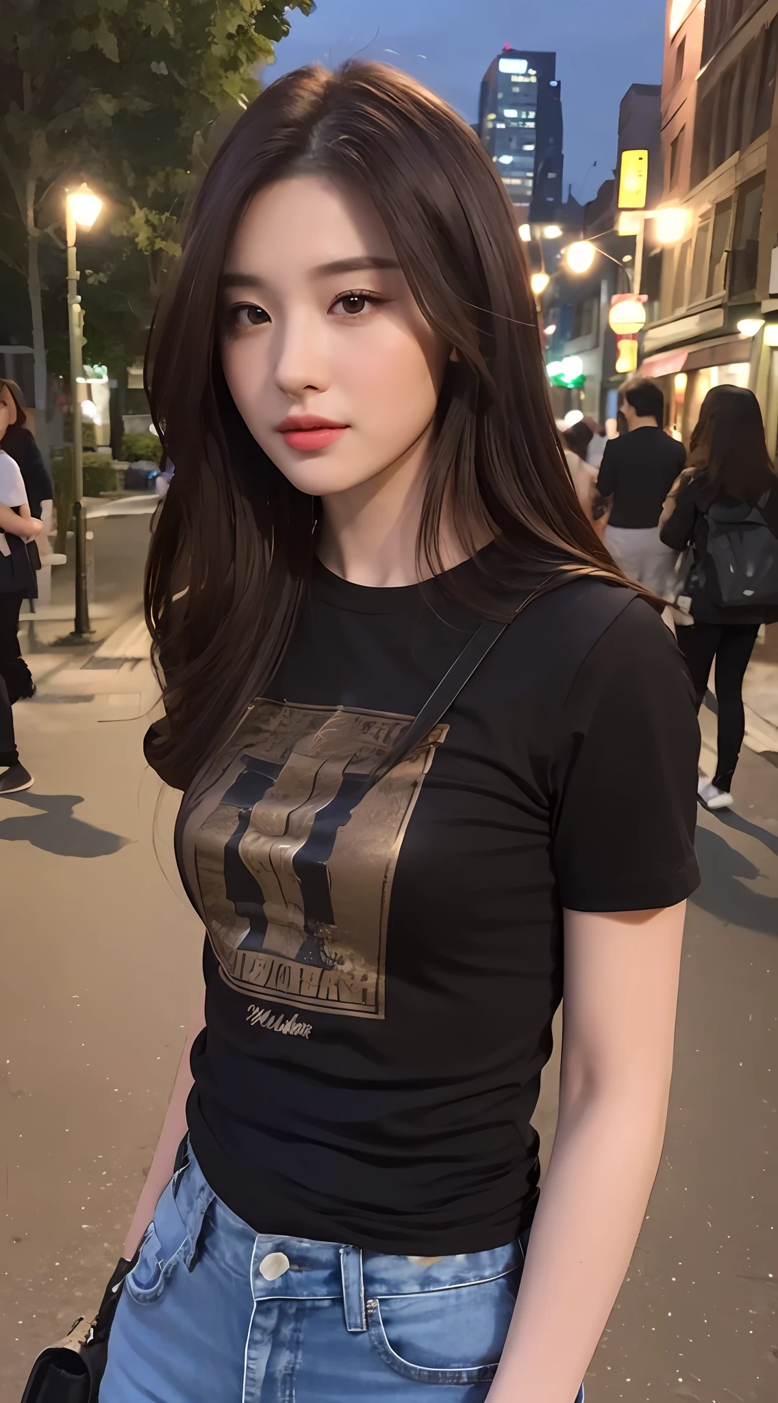 ((Realistic lighting, Best Quality, 8K, Masterpiece: 1.3)), Focus: 1.2, 1girl, Perfect Beauty: 1.4, Slim Abs: 1.1, ((Dark brown hair)), (T-shirt: 1.4), (Outdoor, Night: 1.1), City Street, Super Fine Face, Fine Eyes, Double Eyelids,