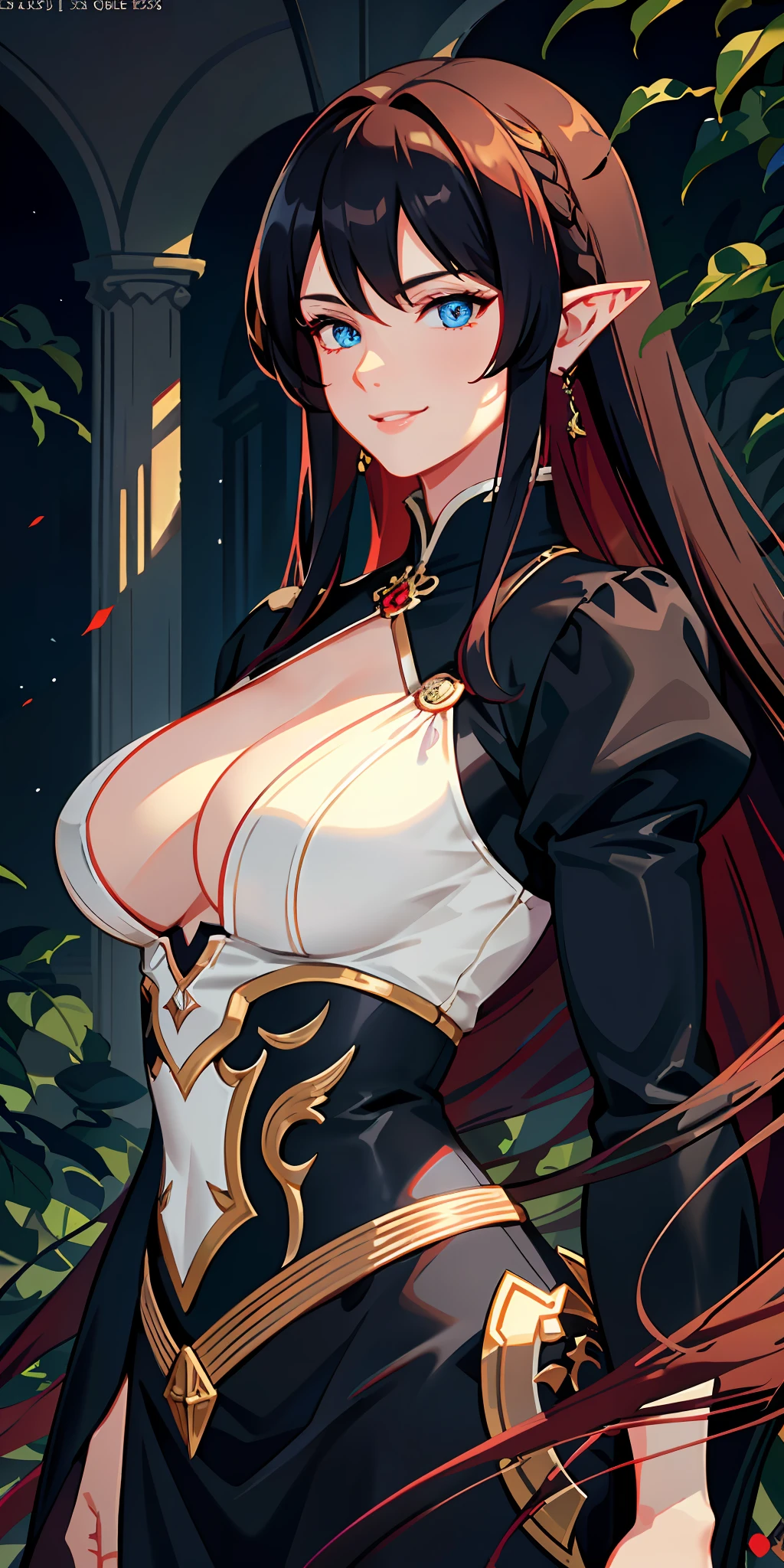 delicate and beautiful CG artwork),(best quality, ultra-detailed, high resolution),(dynamic angle, dynamic lighting),(1 character),(long red and black hair), blue eyes, handsome face), tiger, big muscles, 1 girl, (long sideburns), red ears with black tips, plants, smile, black clothes