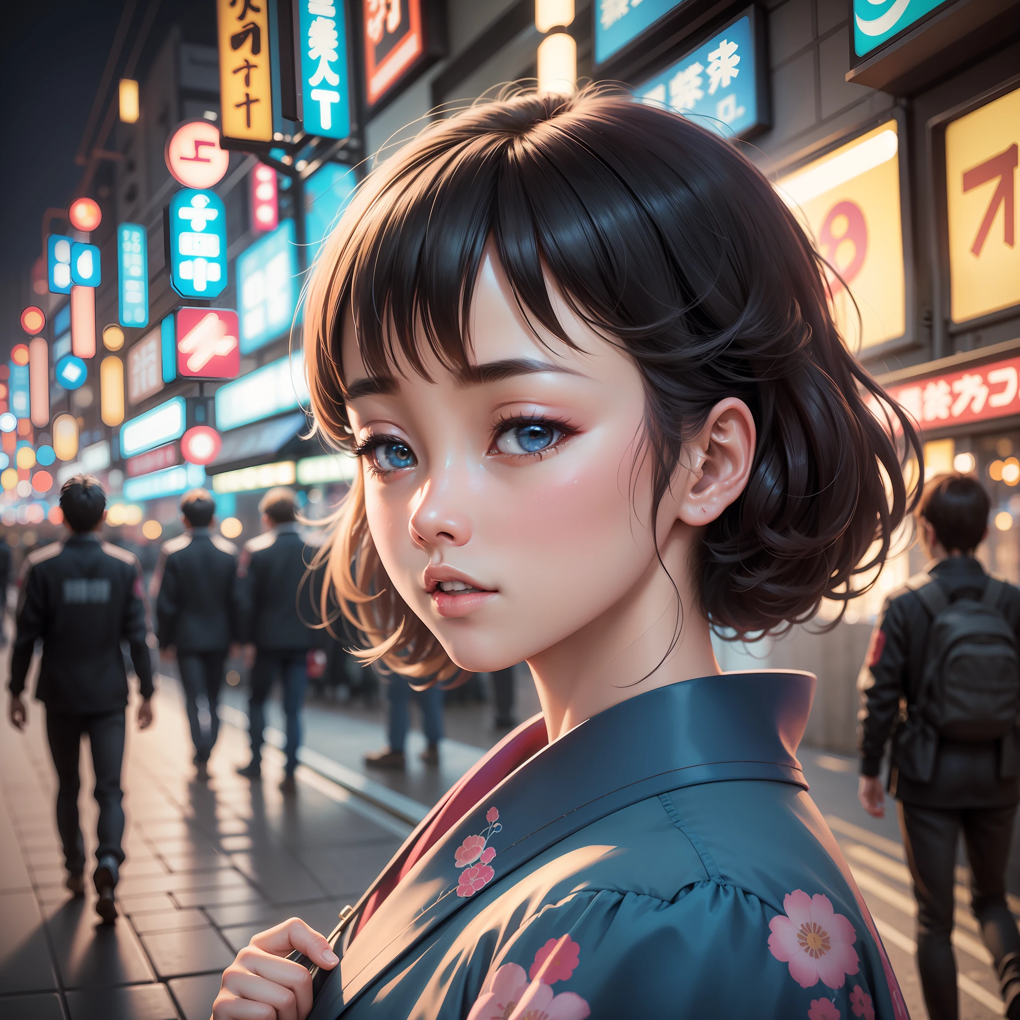 Japanese City Pop album cover, futuristic retro from the 80s, featuring a cute Japanese girl in a neon-lit Tokyo street setting. Realistic illustration style and evoke the eclectic energy of the genre, hyper-detailed, 2D, beautifully color-coded, intricate details, beautifully colored, Unreal Engine, Color Grading, Photography, Photoshoot, Shot on 70mm lens, Depth of Field, DOF, Shutter Speed 1/1000, F/2, White Balance, 32k, Super-Resolution, Megapixel, Pro Photo GB,