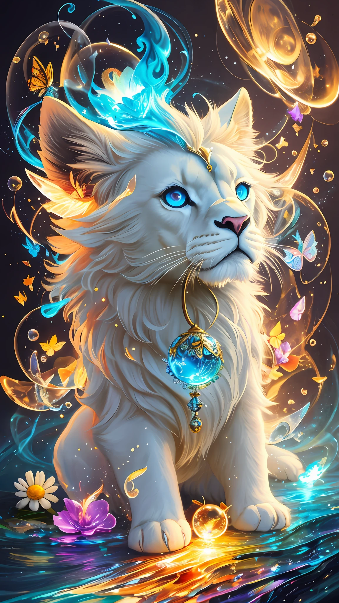 splash art,  luminism, fantasy acrylic, digital painting , a  close up little  cute  magic chibi   fantasy white color lion dog in bed,  flowers,  butterflies, sparks, magic  creature made of colors, big reflective eyes, splash style of colorful paint, paint dripping, color waves,  close portrait,  color drops, fairytale, dynamic  lighting, artstation, by Peter Mohrbacher, craola, WLOP,  masterpiece, golden  glowing, bubbles, transparent smoke, sunbeams