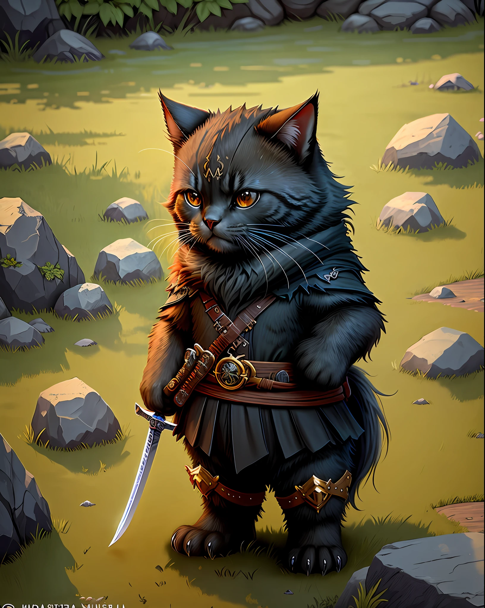 Masterpiece of cute creatures, very detailed, ninja cat, holding a sword, close-up, 8k, full body, Unreal Engine, fantasy creatures, --v 6