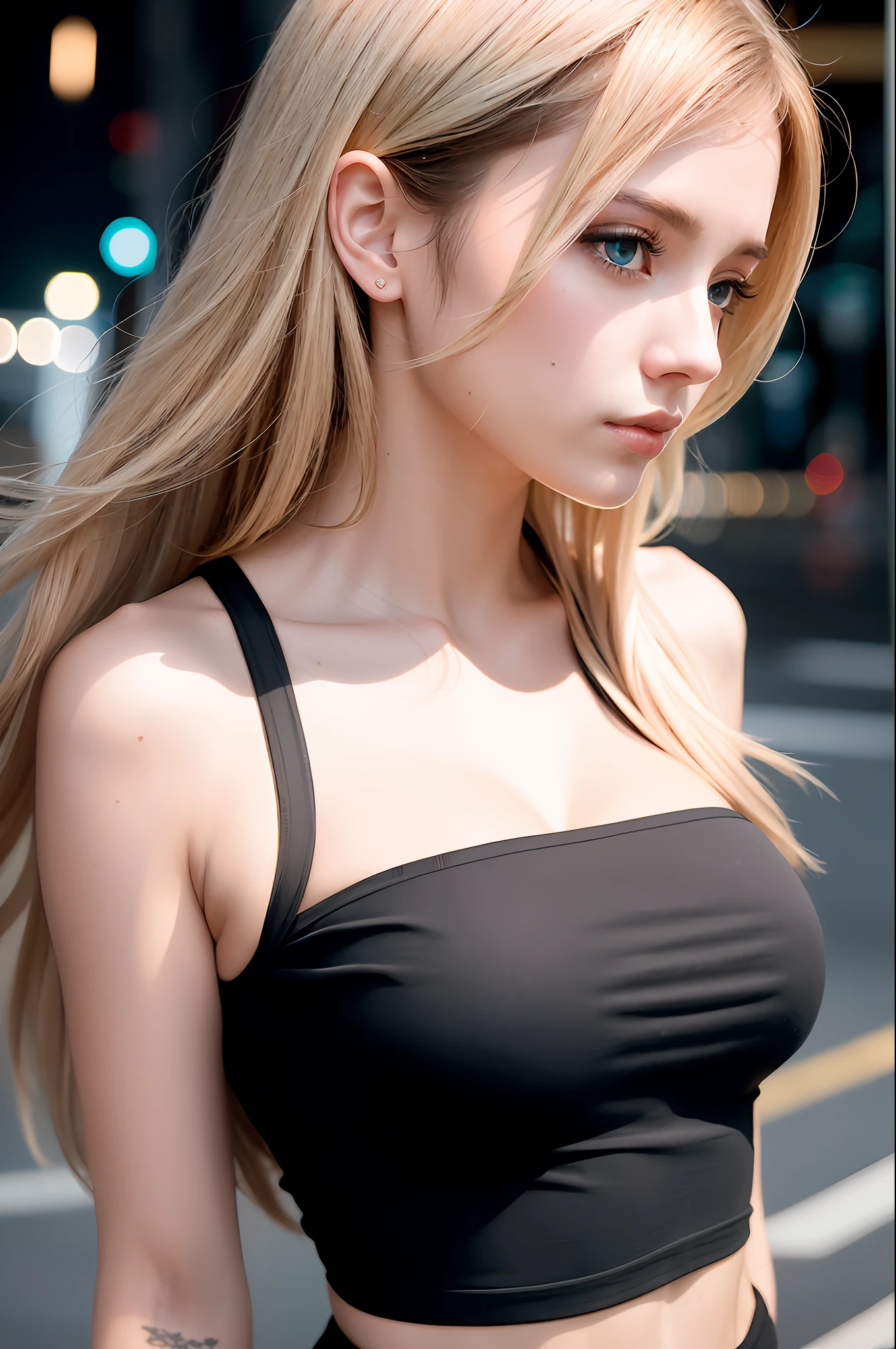 a beautiful woman,black t-shirt, Waistline,((detailed eyes)),(detailed face),
Cinematic light,(pastel colors), street background,Clothes clinging to the chest, modelshoot style, very long hair,[white:red:0.2]hair
 realism, (hyperrealism), (cinematic),{{best quality}}, {{masterpiece}}, {{ultra-detailed}}, {illustration}, {detailed light}, {an extremely delicate and beautiful}, intricate, elegant,(8k, best quality, masterpiece:1.2),(best quality:1.0), (ultra highres:1.0),