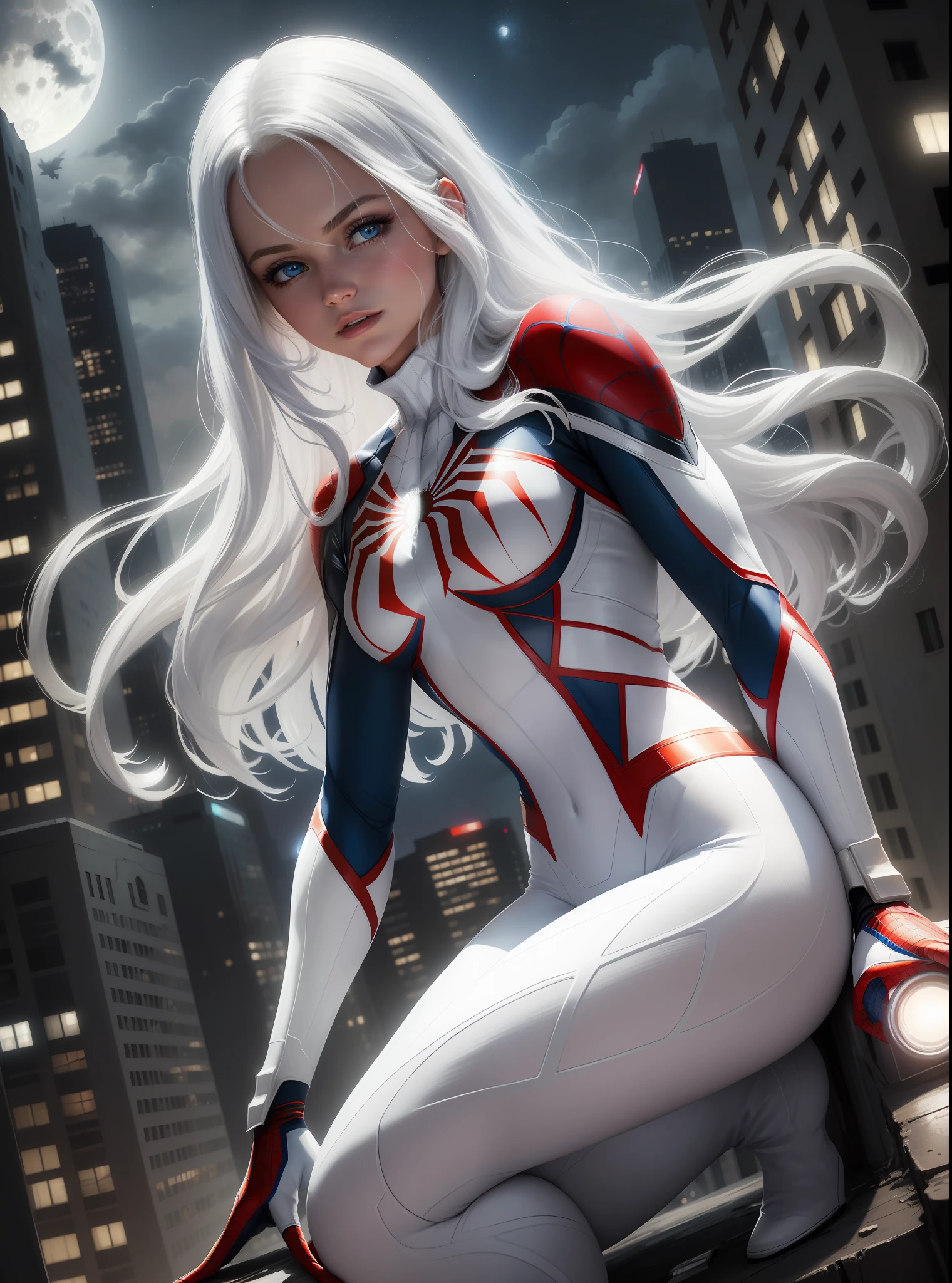 (Masterpiece, 4k resolution, ultra-realistic, very detailed), (White superhero theme, charismatic, there's a girl on top of town, wearing Spider-Man costume, she's a superhero), [ ((25 years), (long white hair:1.2), full body, (blue eyes:1.2), ((Spider-Man pose),show of strength, jumping from one building to another), ((sandy urban environment):0.8)| (cityscape, at night, dynamic lights), (full moon))] # Explanation: The Prompt mainly describes a 4K painting of ultra-high definition, very realistic, very detailed. It shows a superheroine at the top of the city, wearing a Spider-Man costume. The theme in the painting is a white superhero theme, the female protagonist has long white hair, is 25 years old and her entire body is shown in the painting. In terms of portraying the actions of superheroines, spiders are employed