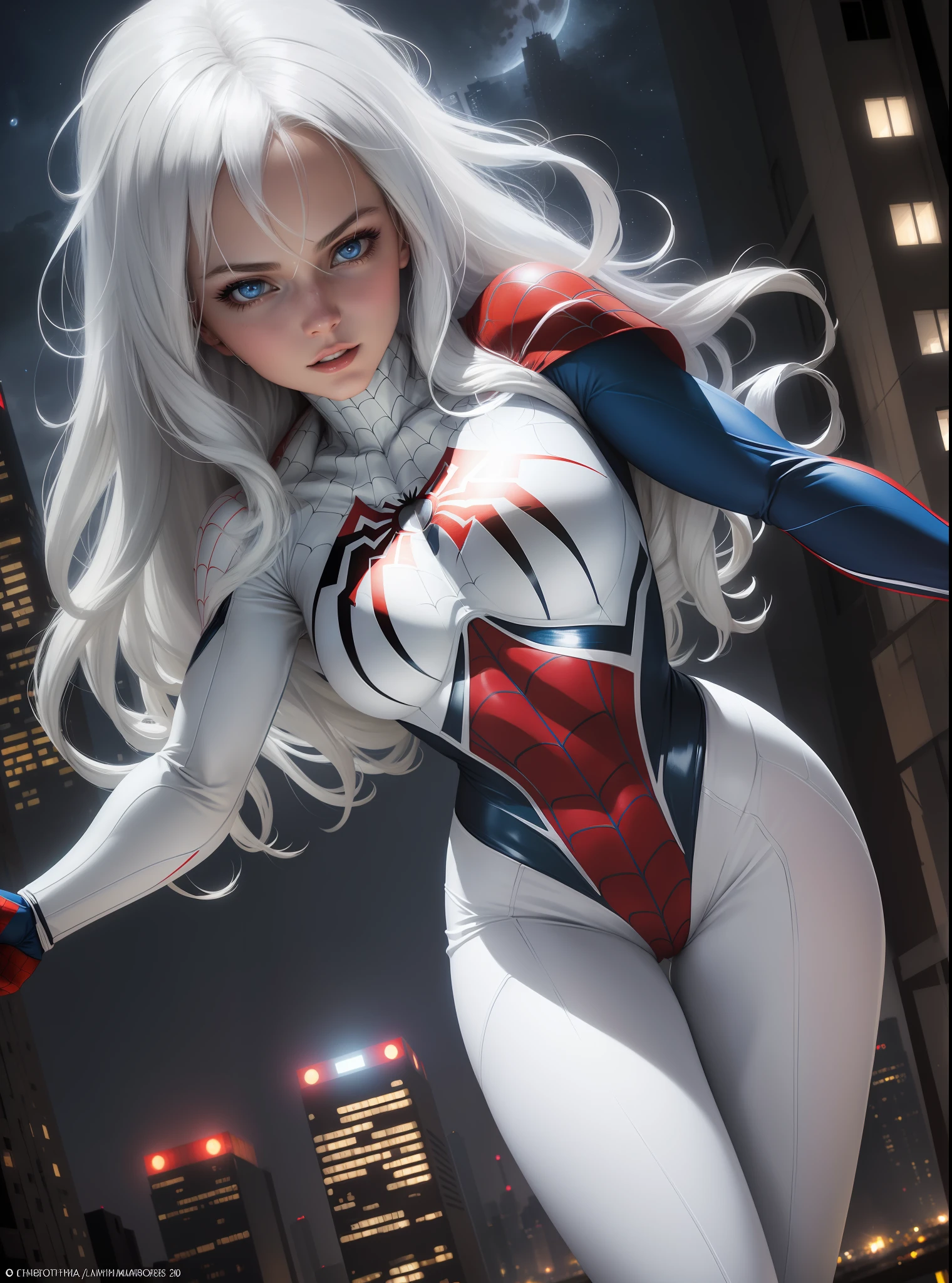 (Masterpiece, 4k resolution, ultra-realistic, very detailed), (White superhero theme, charismatic, there's a girl on top of town, wearing Spider-Man costume, she's a superhero), [ ((25 years), (long white hair:1.2), full body, (blue eyes:1.2), ((Spider-Man pose),show of strength, jumping from one building to another), ((sandy urban environment):0.8)| (cityscape, at night, dynamic lights), (full moon))] # Explanation: The Prompt mainly describes a 4K painting of ultra-high definition, very realistic, very detailed. It shows a superheroine at the top of the city, wearing a Spider-Man costume. The theme in the painting is a white superhero theme, the female protagonist has long white hair, is 25 years old and her entire body is shown in the painting. In terms of portraying the actions of superheroines, spiders are employed
